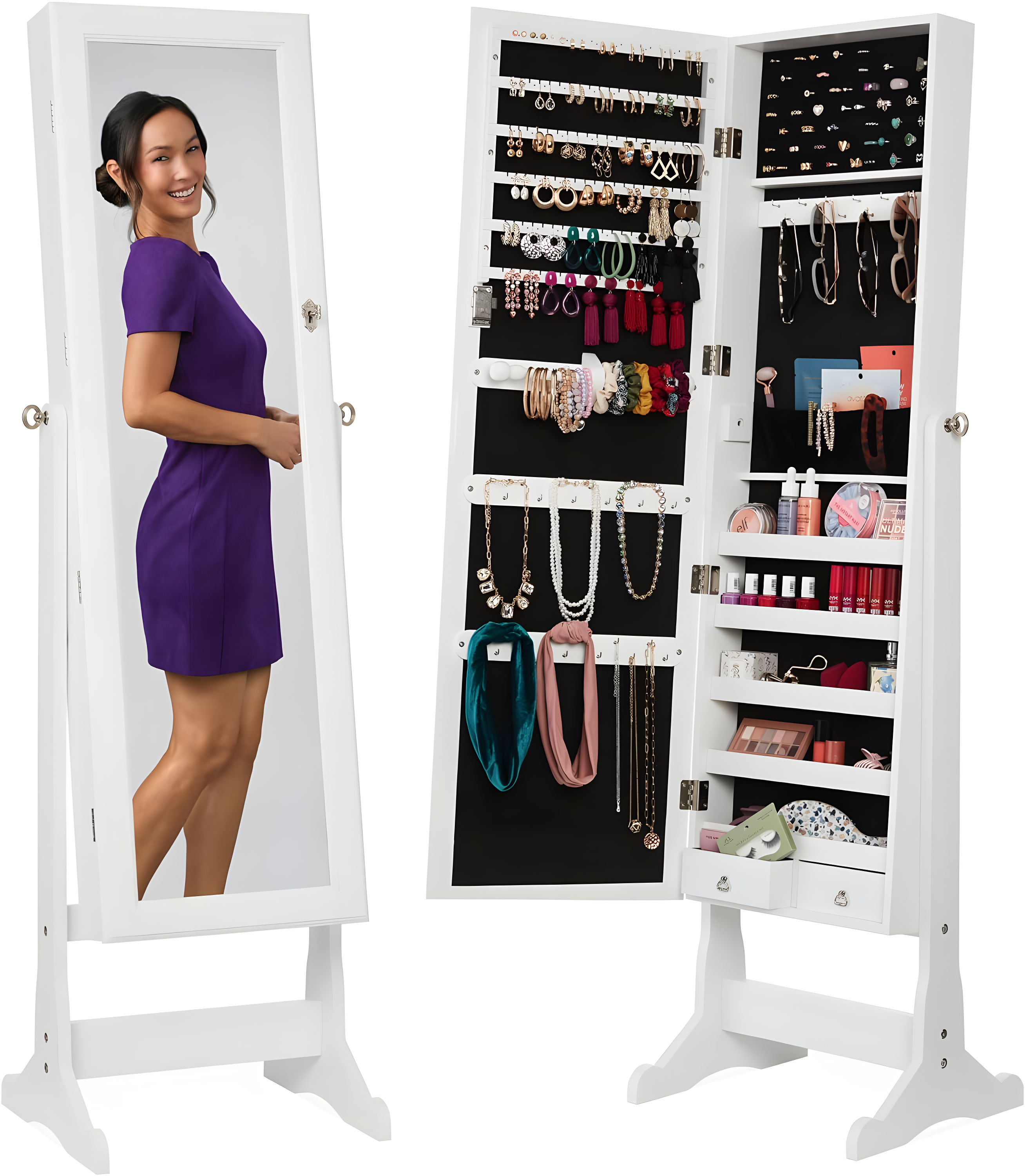 Best Choice Products Jewelry Armoire Cabinet, Full Length Mirror w/ Velvet Storage Interior, Lock - White