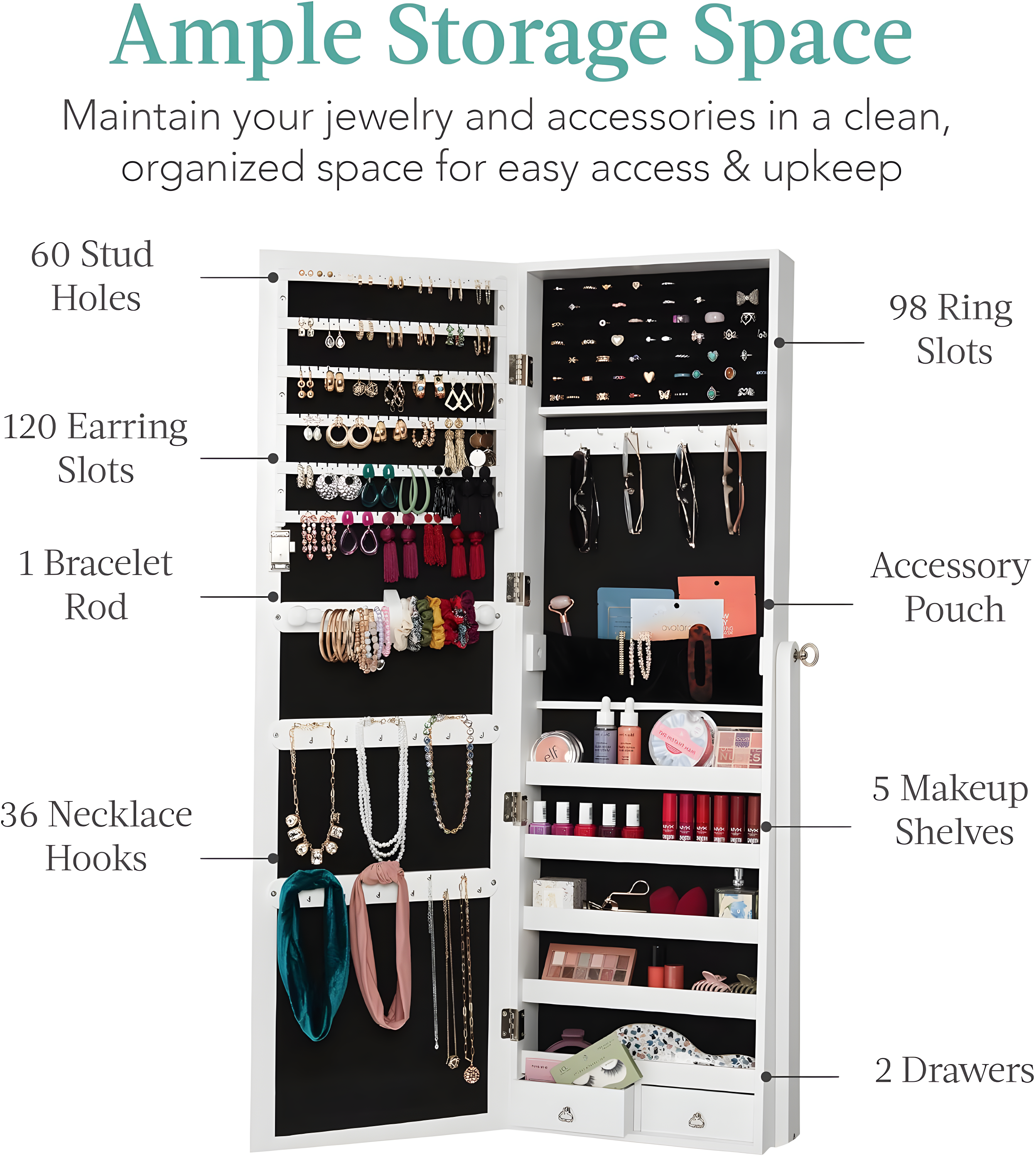 Best Choice Products Jewelry Armoire Cabinet, Full Length Mirror w/ Velvet Storage Interior, Lock - White