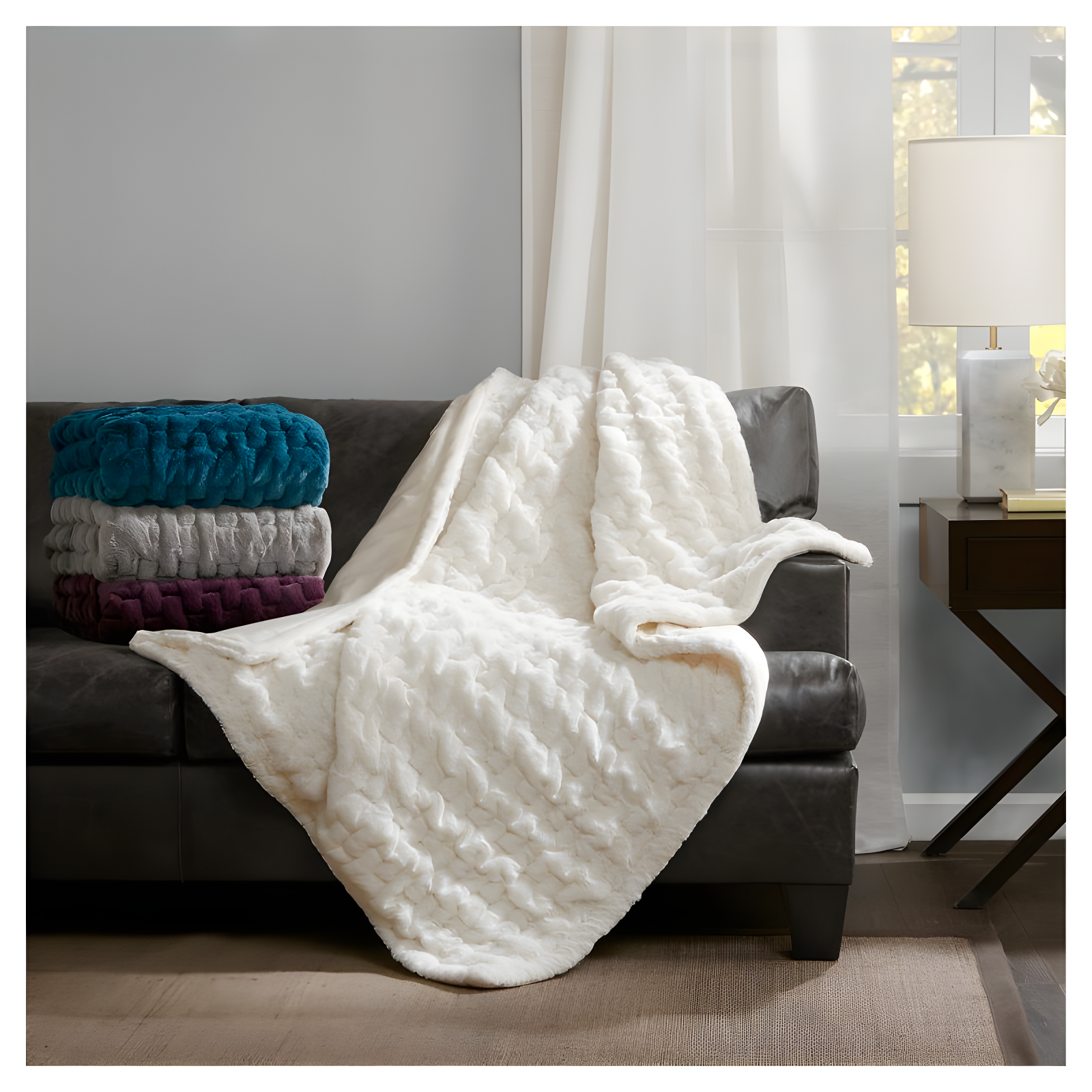 Madison Park Teal Ruched Fur Throw 50x60"