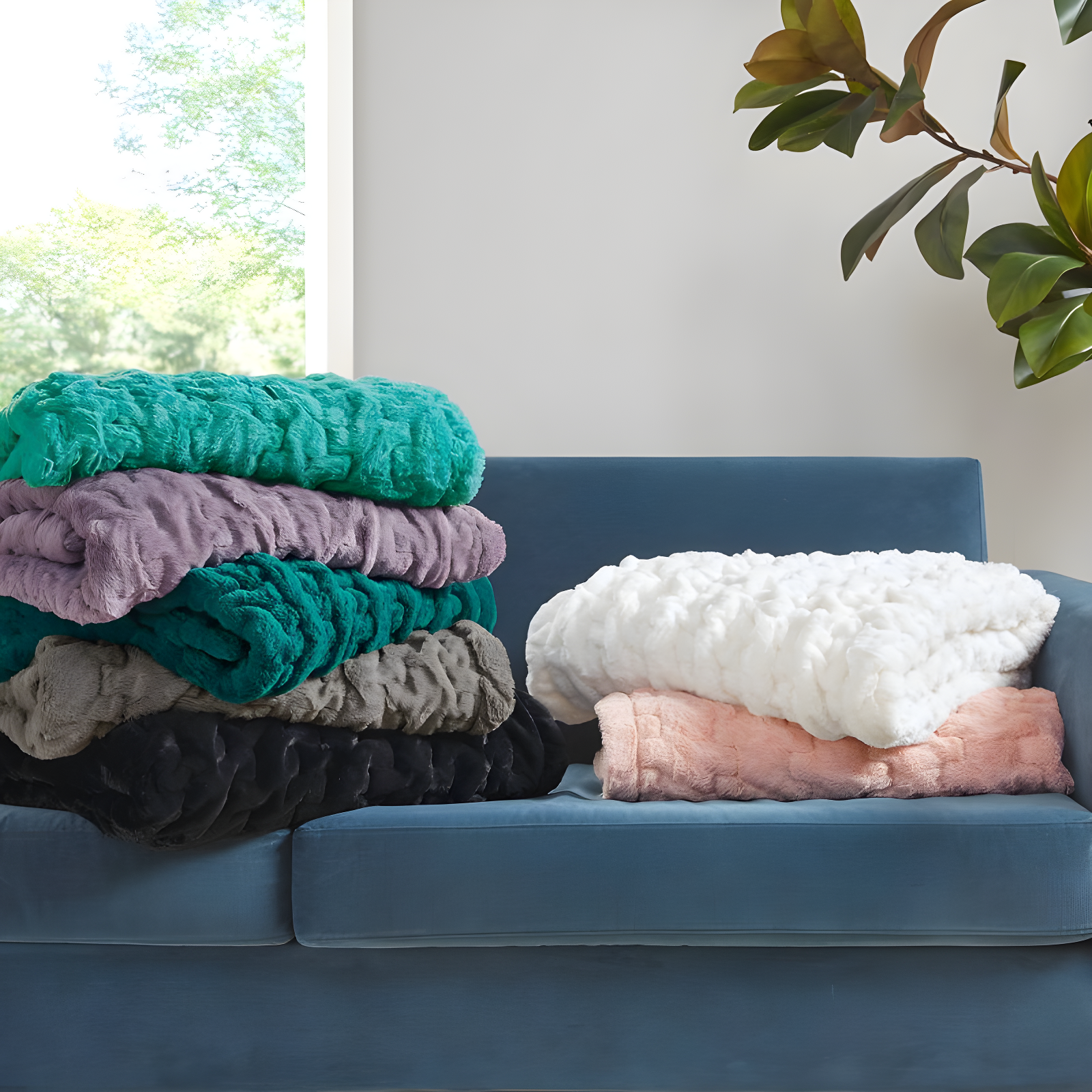 Madison Park Teal Ruched Fur Throw 50x60"