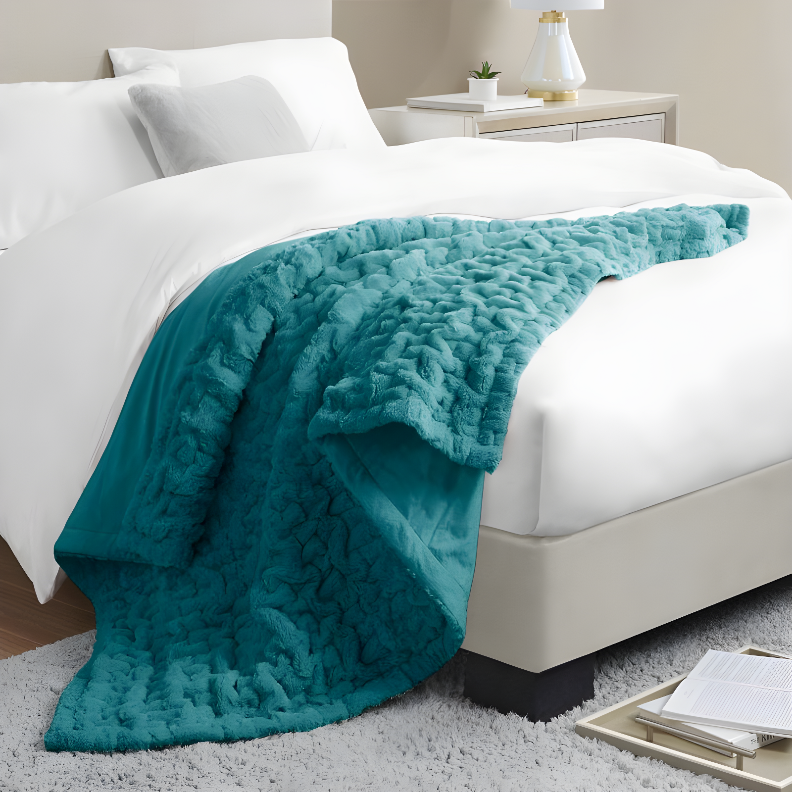 Madison Park Teal Ruched Fur Throw 50x60"