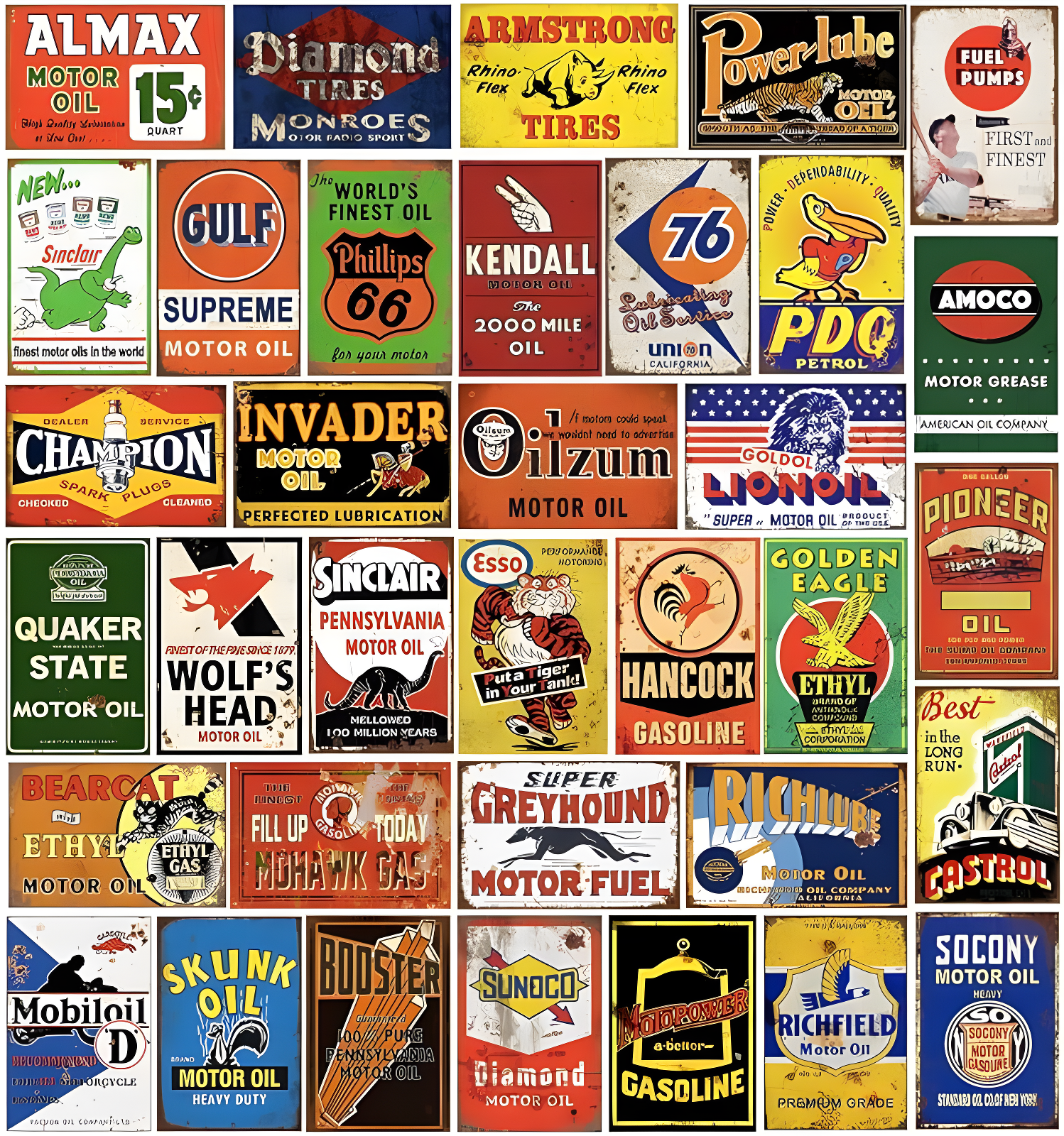 Reproduced Vintage Tin Sign Pack, Gas Oil Retro Advert Antique Metal Signs for Garage Man Cave Bar Kitchen, Nostalgic Car Decor, 8x12 Inch (35 Pieces A)