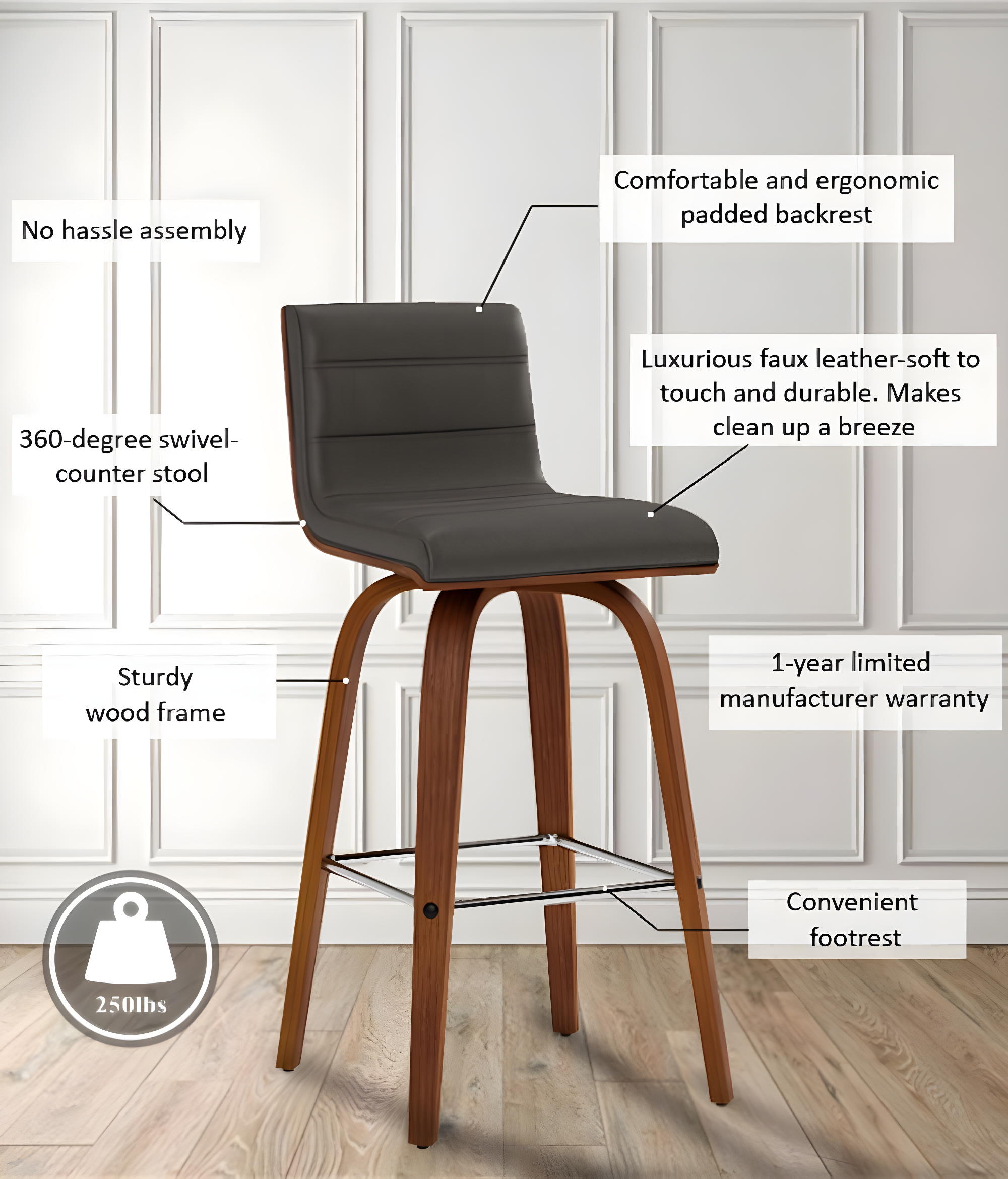 Vienna 26" Swivel Counter Stool in Walnut Wood Finish with Gray Faux Leather