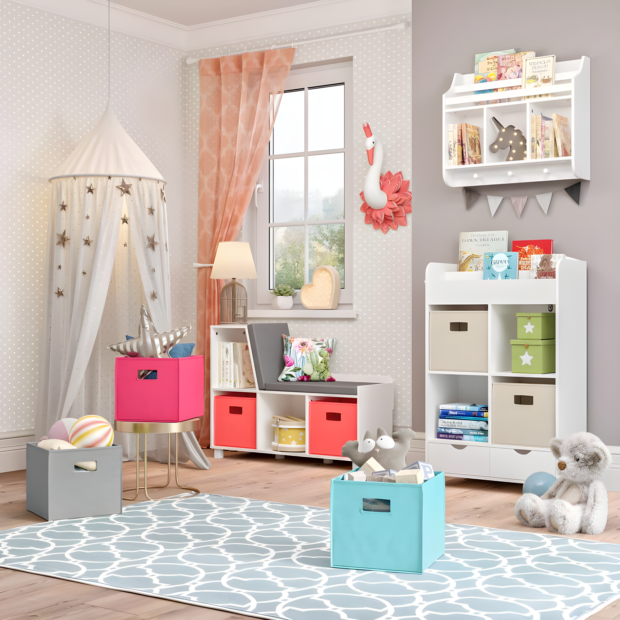 RiverRidge Home RiverRidge Kids Reading Book Nook Cushioned Toy Storage Bench with Cubby Organizers