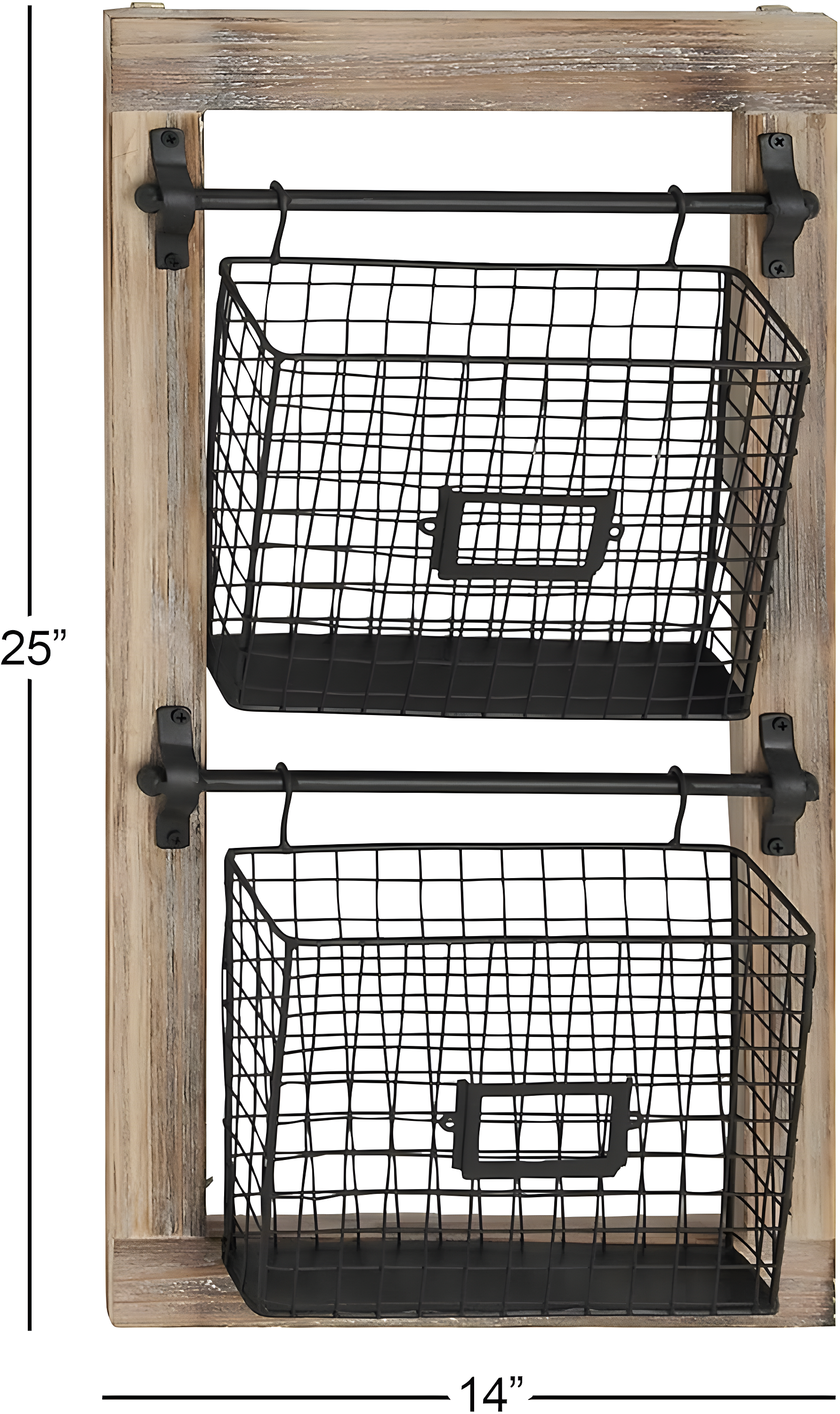 DecMode 25" Black Metal 2 Slot Suspended Wire Basket Magazine Rack Holder with Suspended Baskets and Label Slot