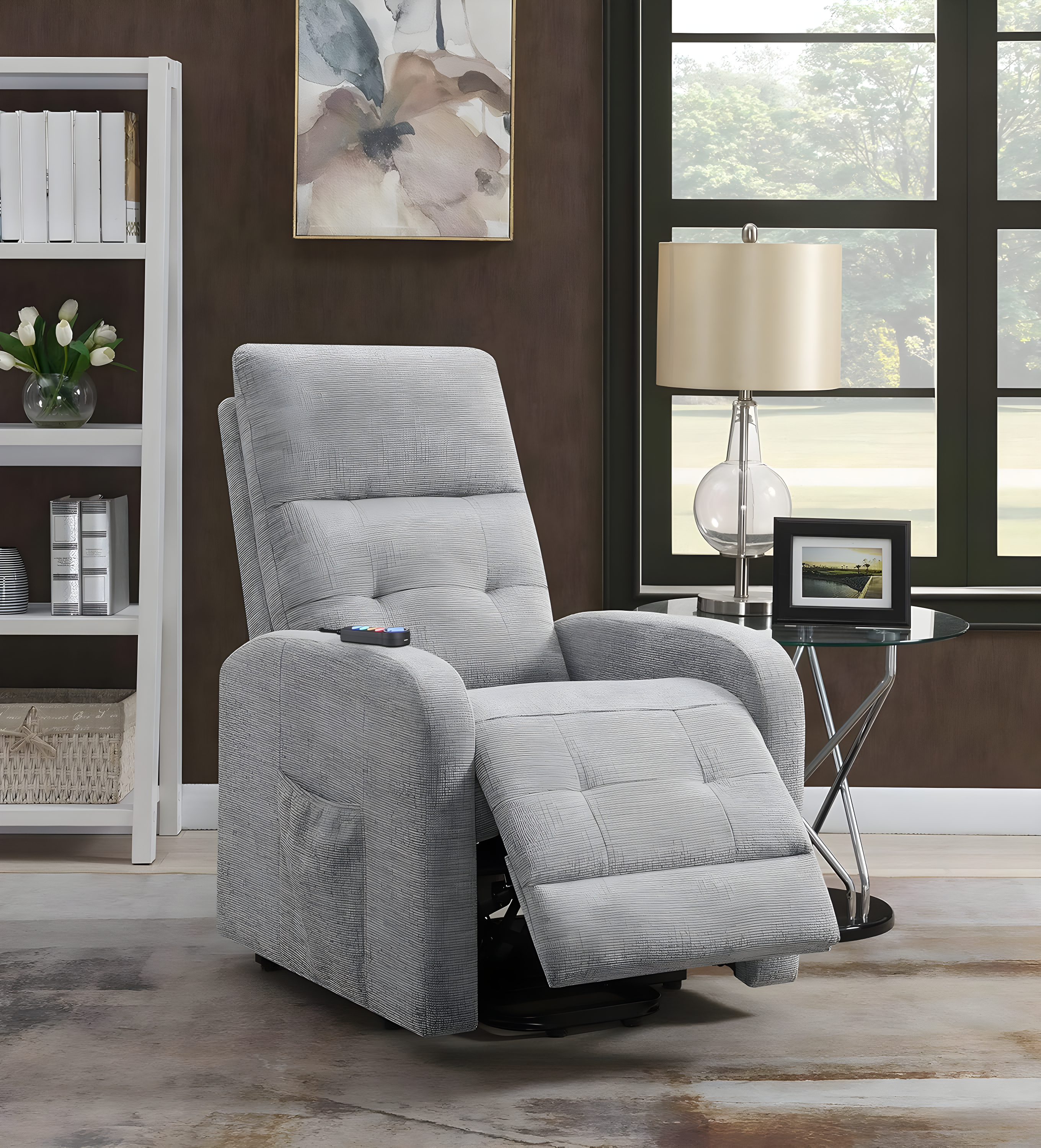 Coaster Howie Tufted Fabric Upholstered Power Lift Recliner in Gray
