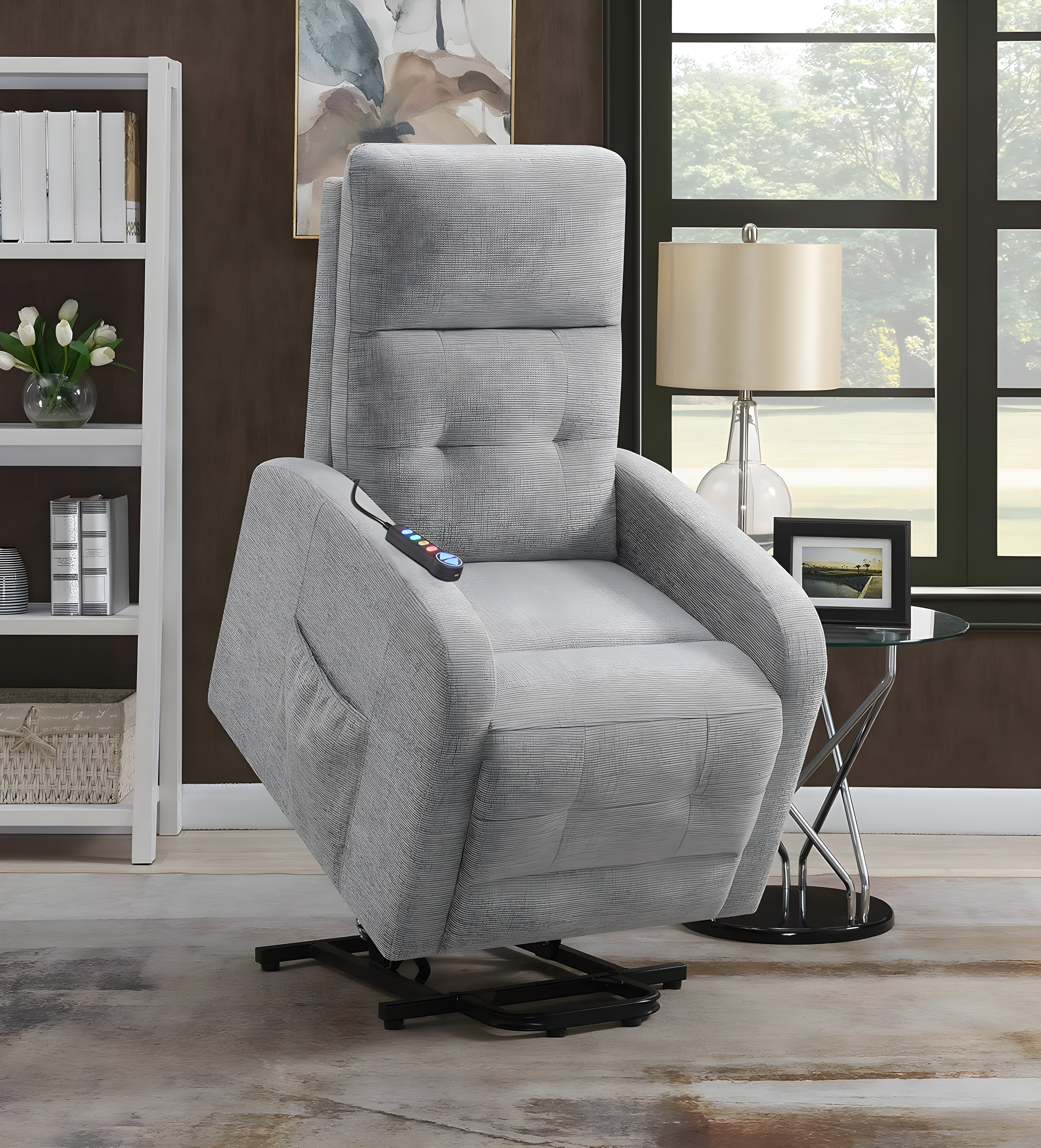 Coaster Howie Tufted Fabric Upholstered Power Lift Recliner in Gray