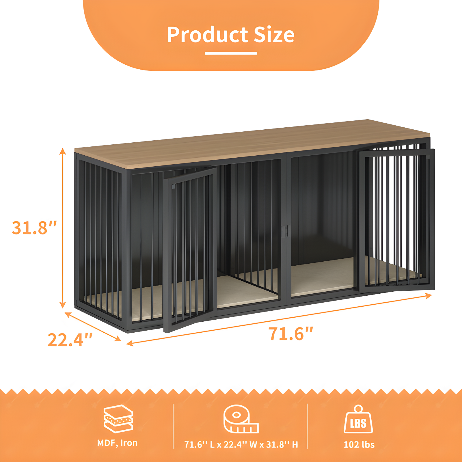 Tucker Murphy Pet™ Large Dog Crate Furniture for 2 Dogs, 71.6'' Steel Frame Dog Crate with Double Doors, Heavy Sturdy Dog Kennel