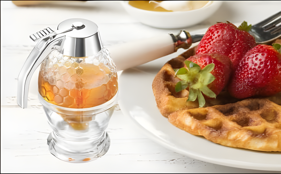 hunnibi Glass Honey Dispenser with Stand and Stainless Steel, Clear