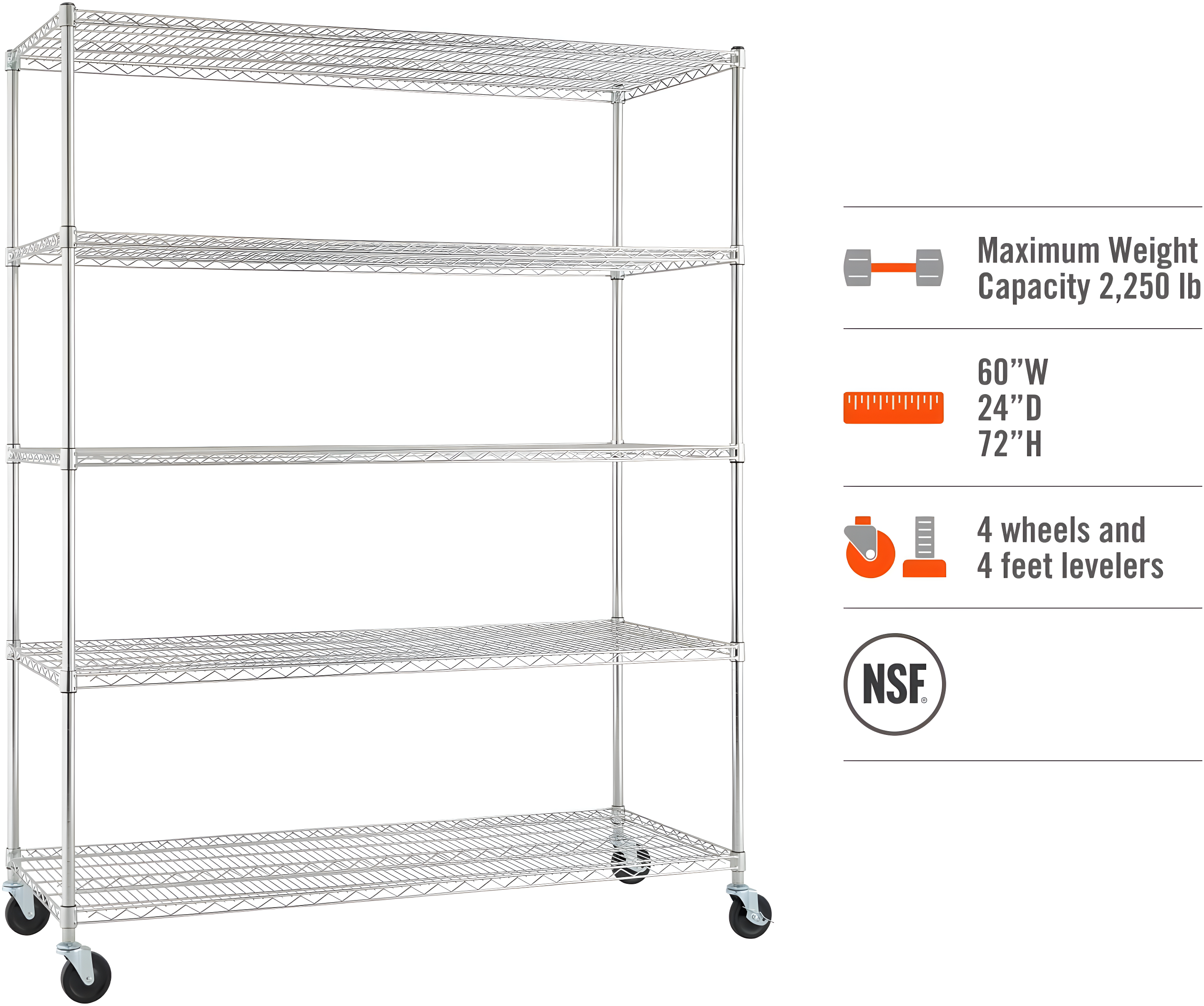 TRINITY EcoStorage 5-Tier NSF Rolling Steel Wire Shelving Unit w/ Wheels (60 in. W x 24 in. D)