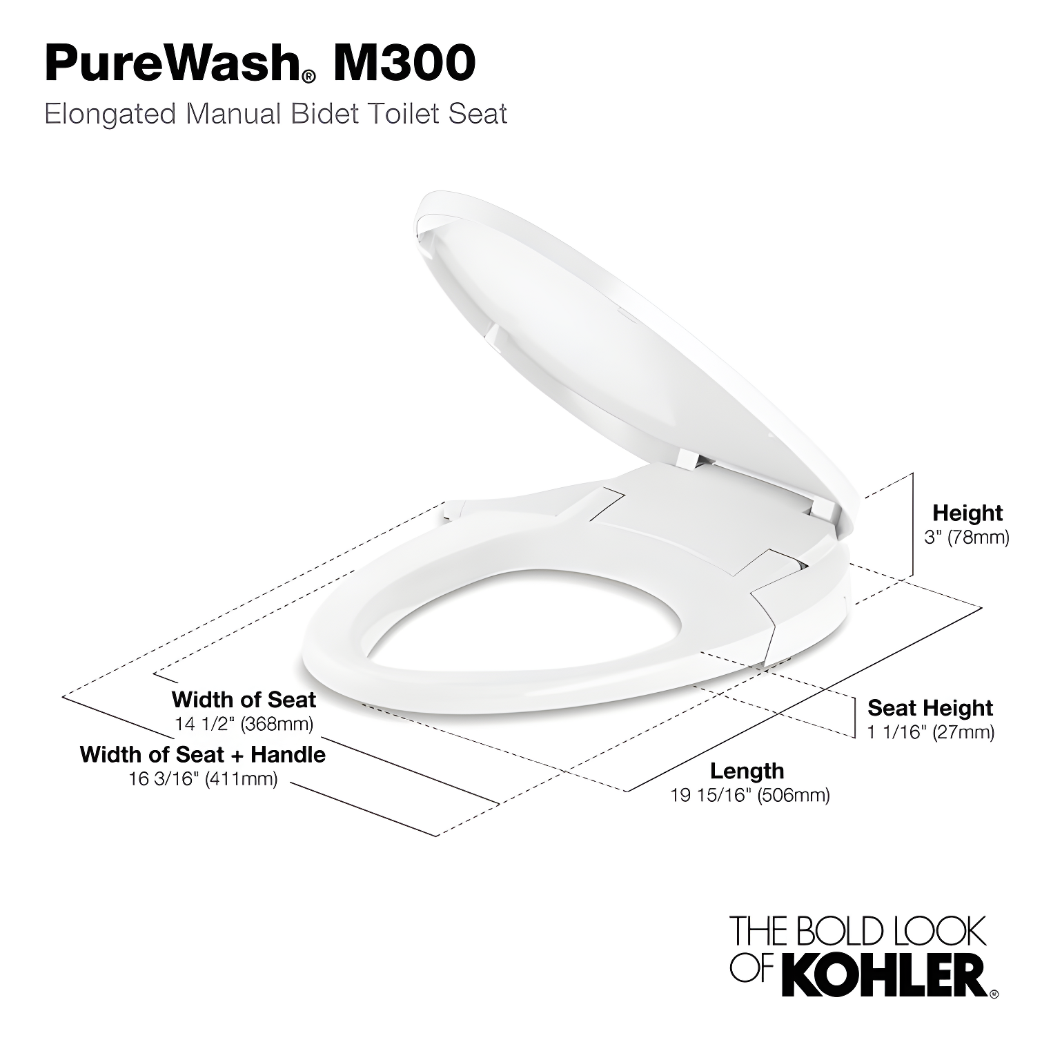 Purewash M300 Elongated Manual Bidet Toilet Seat, Non-Electric Bidet with Adjustable Bidet Sprayer
