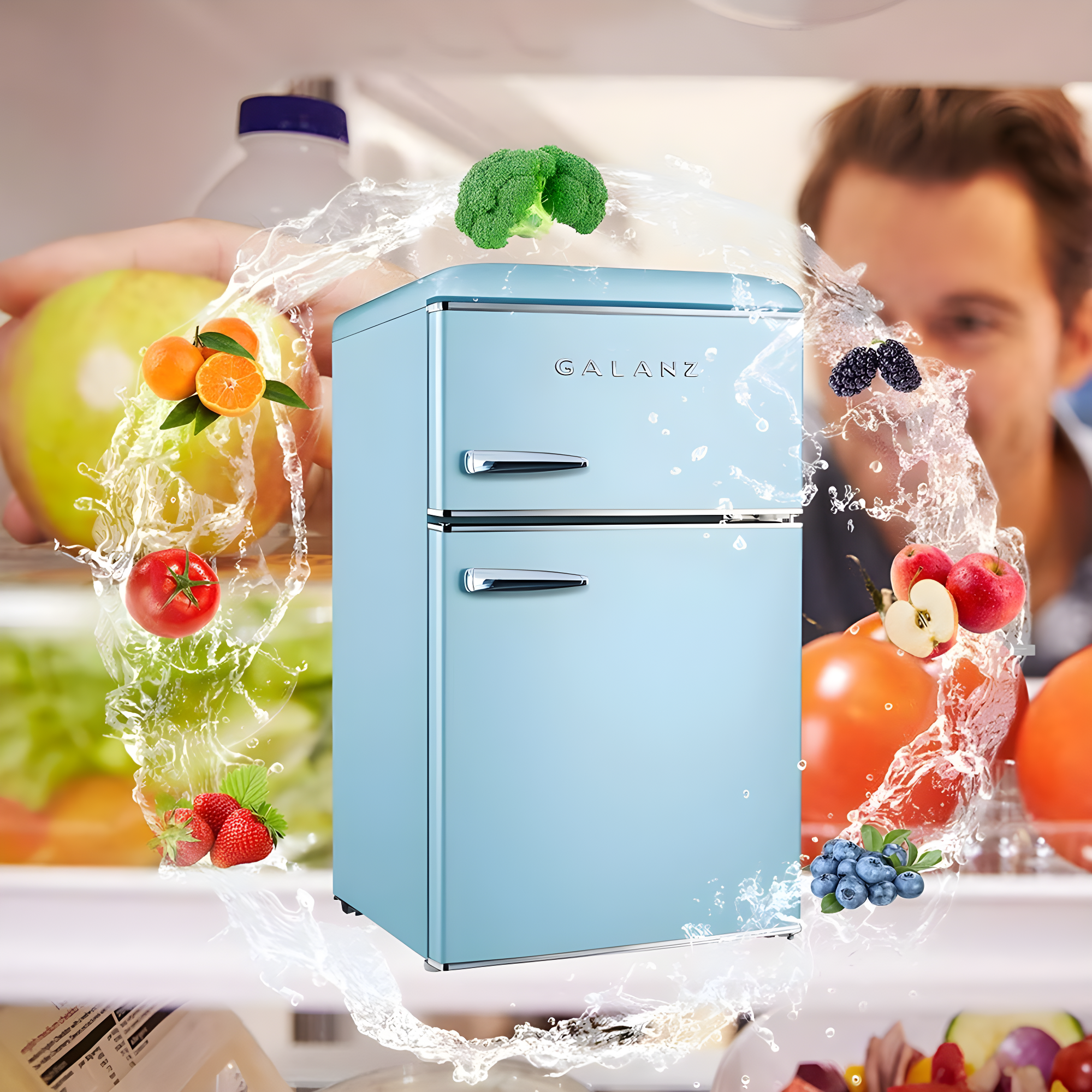Retro Blue Compact Double Door Mini Fridge with Freezer