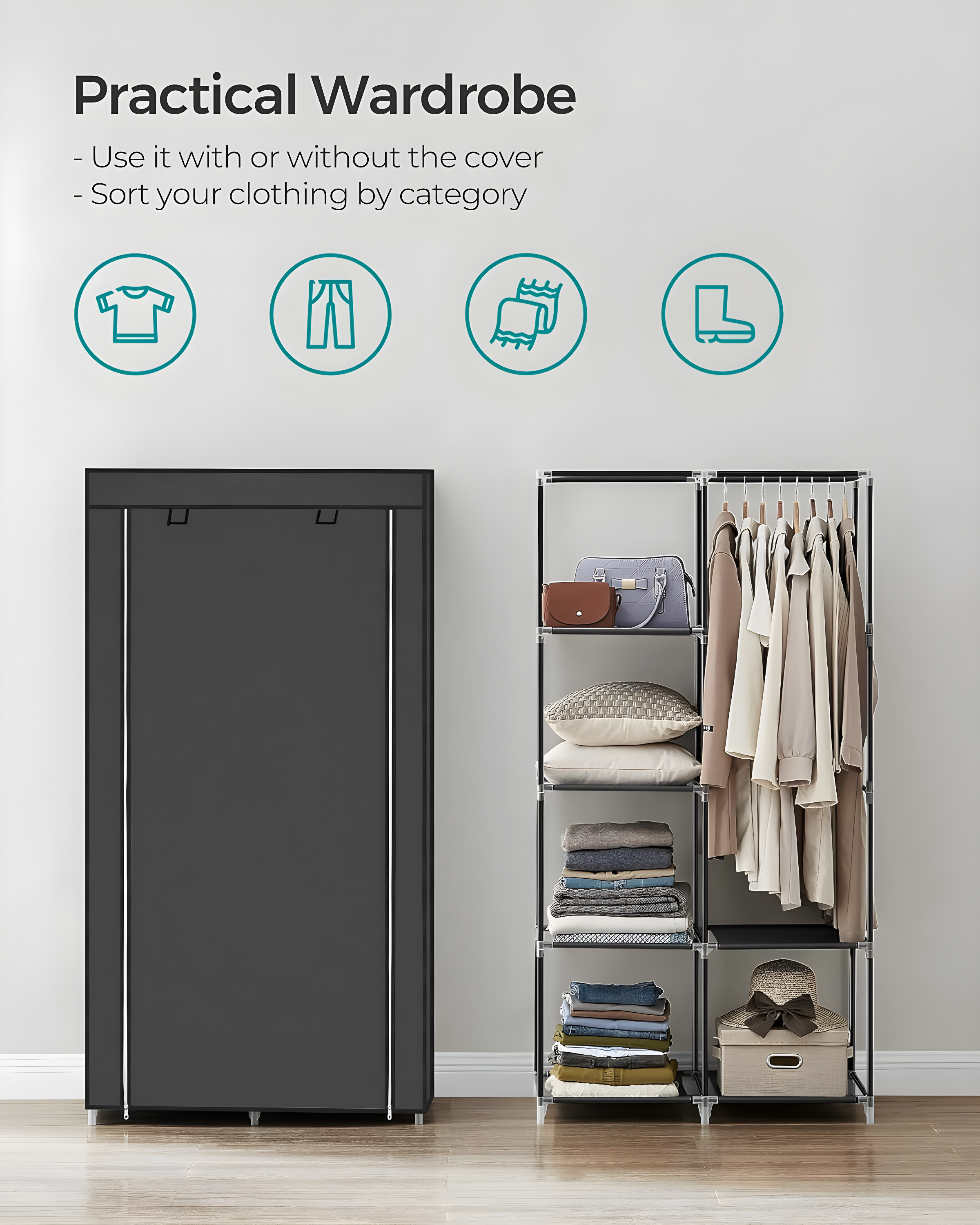 SONGMICS Portable Closet, Clothes Storage Organizer with 6 Shelves, 1 Clothes Hanging Rail, Non-Woven Fabric Closet, Black