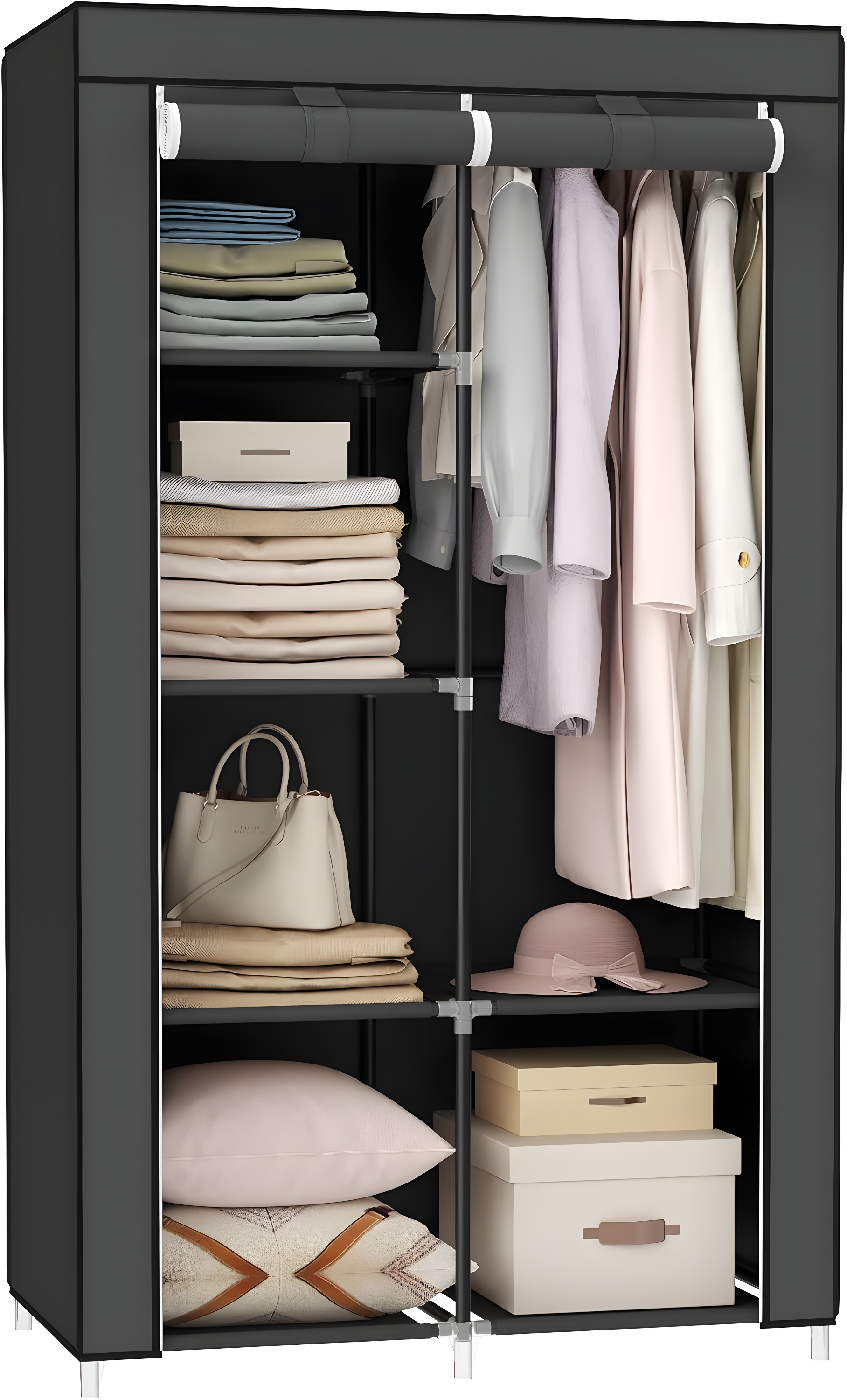 SONGMICS Portable Closet, Clothes Storage Organizer with 6 Shelves, 1 Clothes Hanging Rail, Non-Woven Fabric Closet, Black