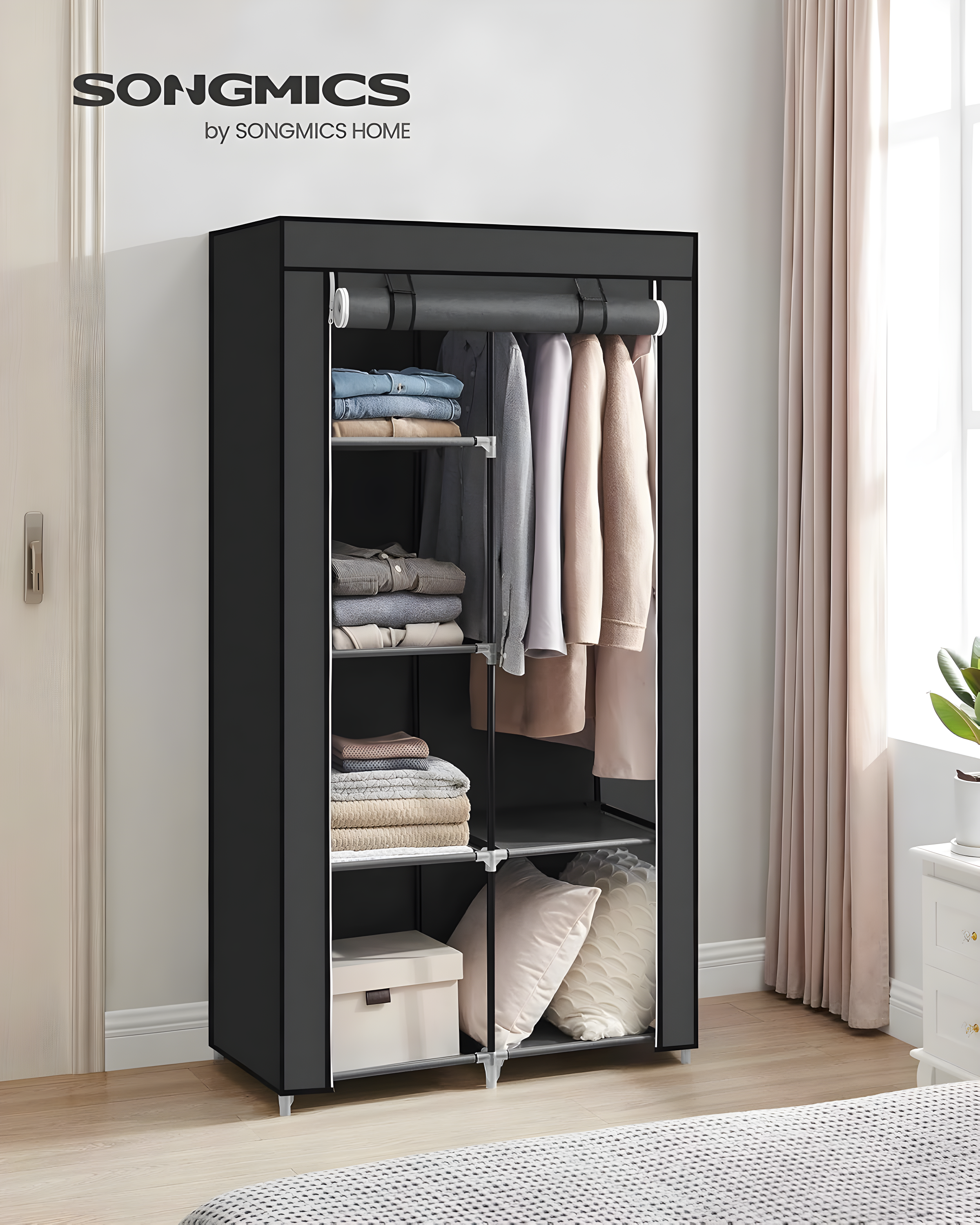 SONGMICS Portable Closet, Clothes Storage Organizer with 6 Shelves, 1 Clothes Hanging Rail, Non-Woven Fabric Closet, Black