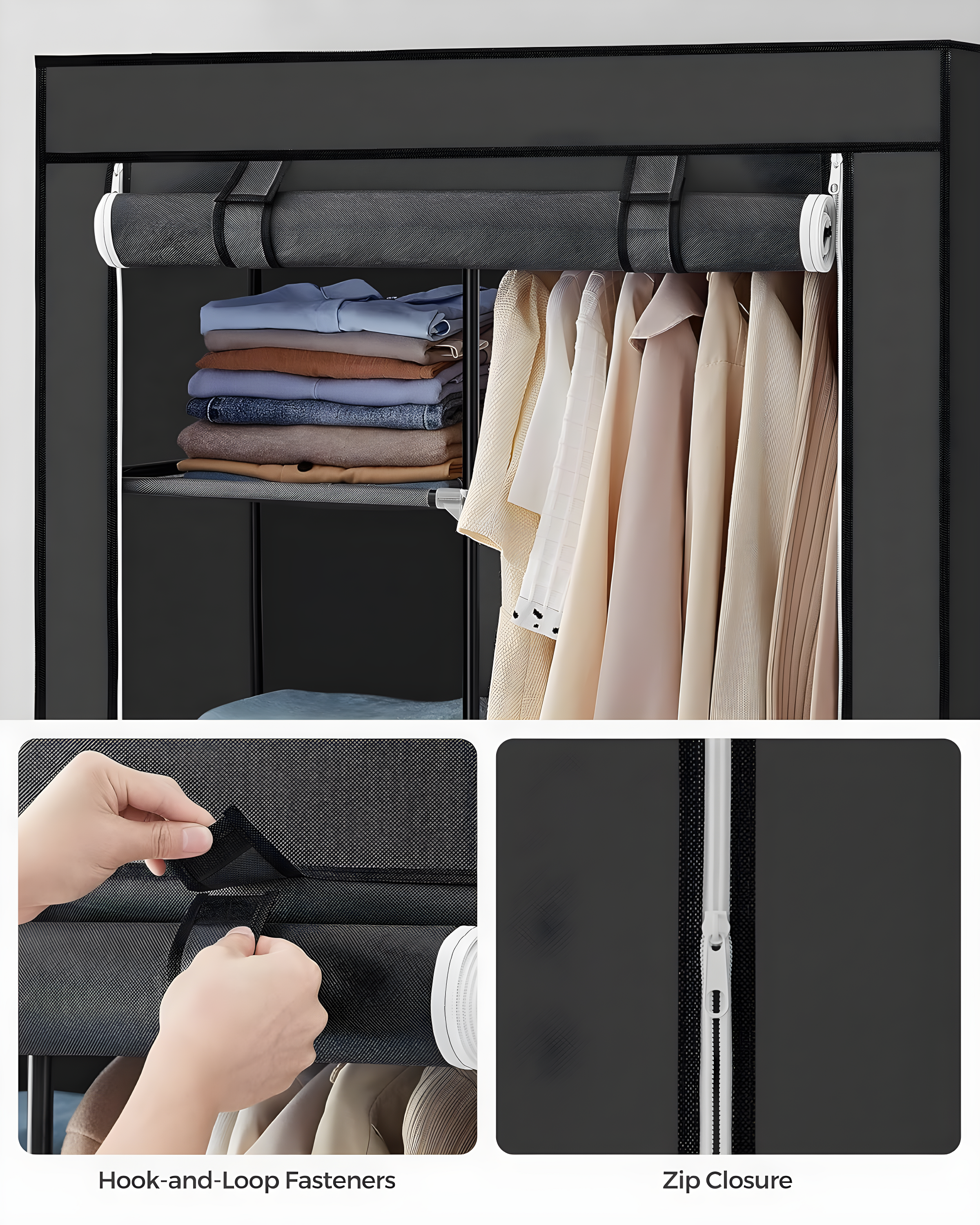 SONGMICS Portable Closet, Clothes Storage Organizer with 6 Shelves, 1 Clothes Hanging Rail, Non-Woven Fabric Closet, Black