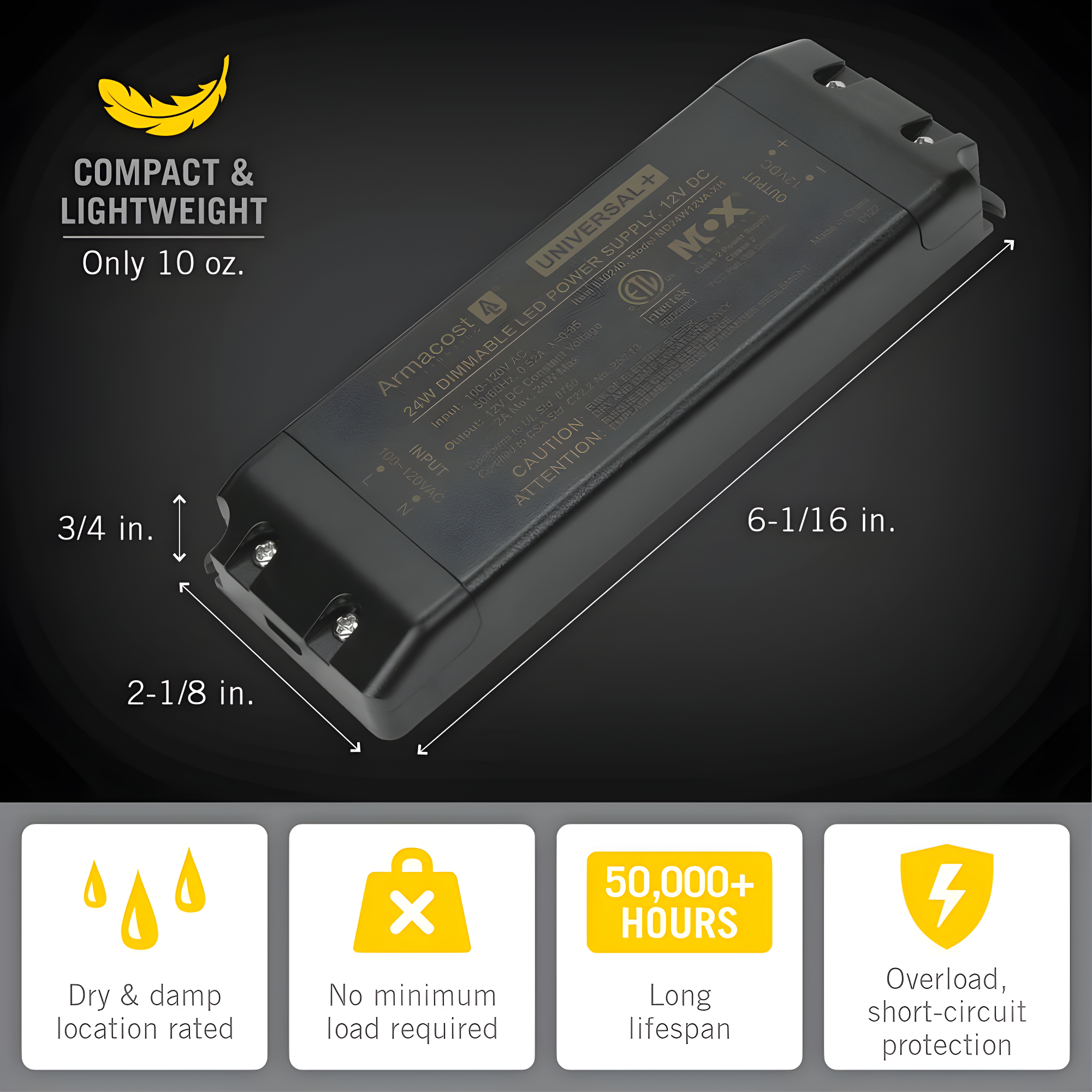 Armacost Lighting Universal+ Dimmable LED Driver 12V DC, 60W Electronic Transformer ELV/MLV/TRIAC 830240