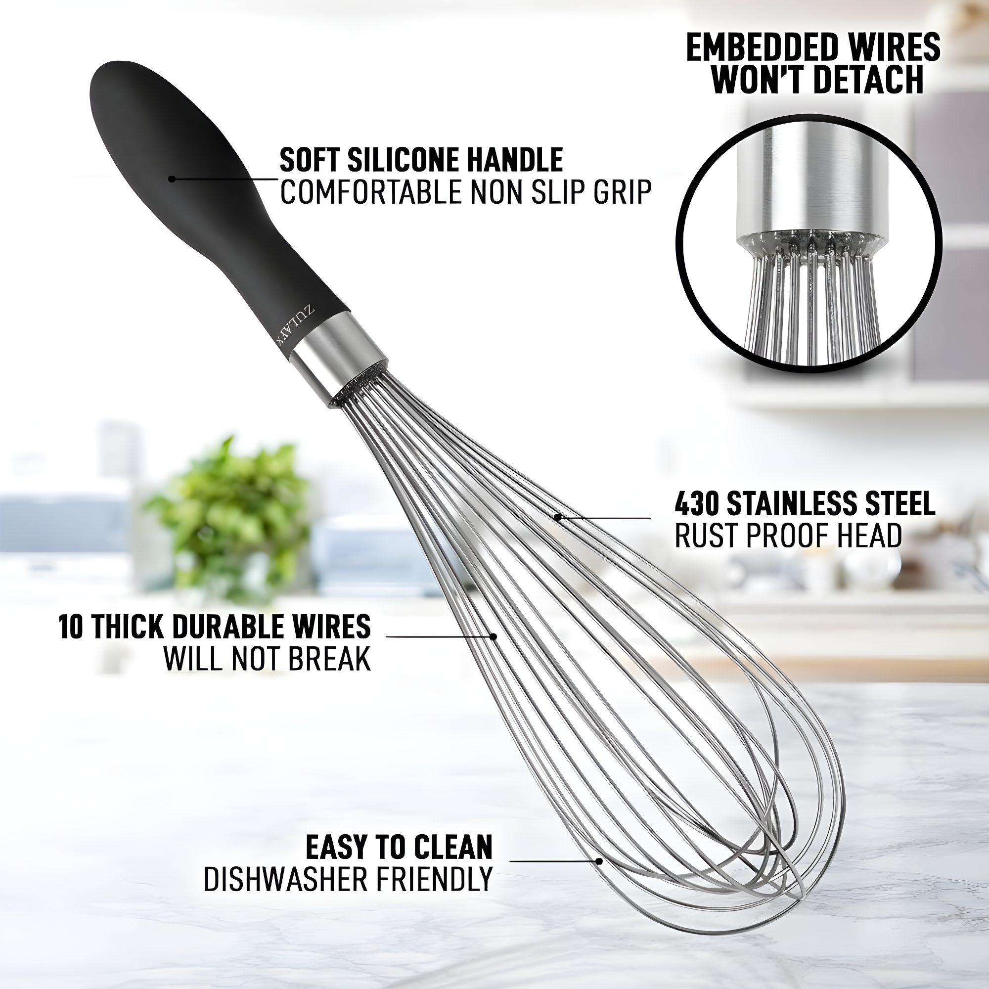 11-Inch Stainless Steel Balloon Whisk with Black Silicone Handle
