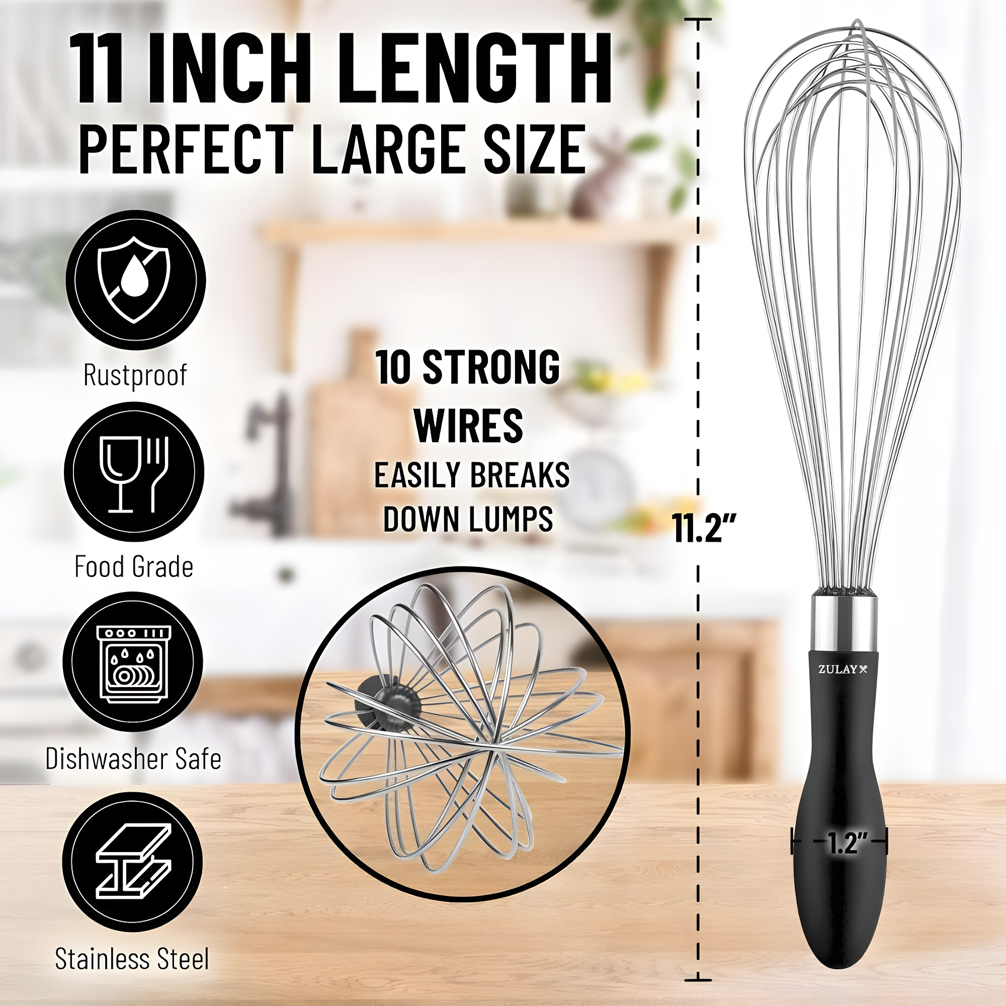 11-Inch Stainless Steel Balloon Whisk with Black Silicone Handle