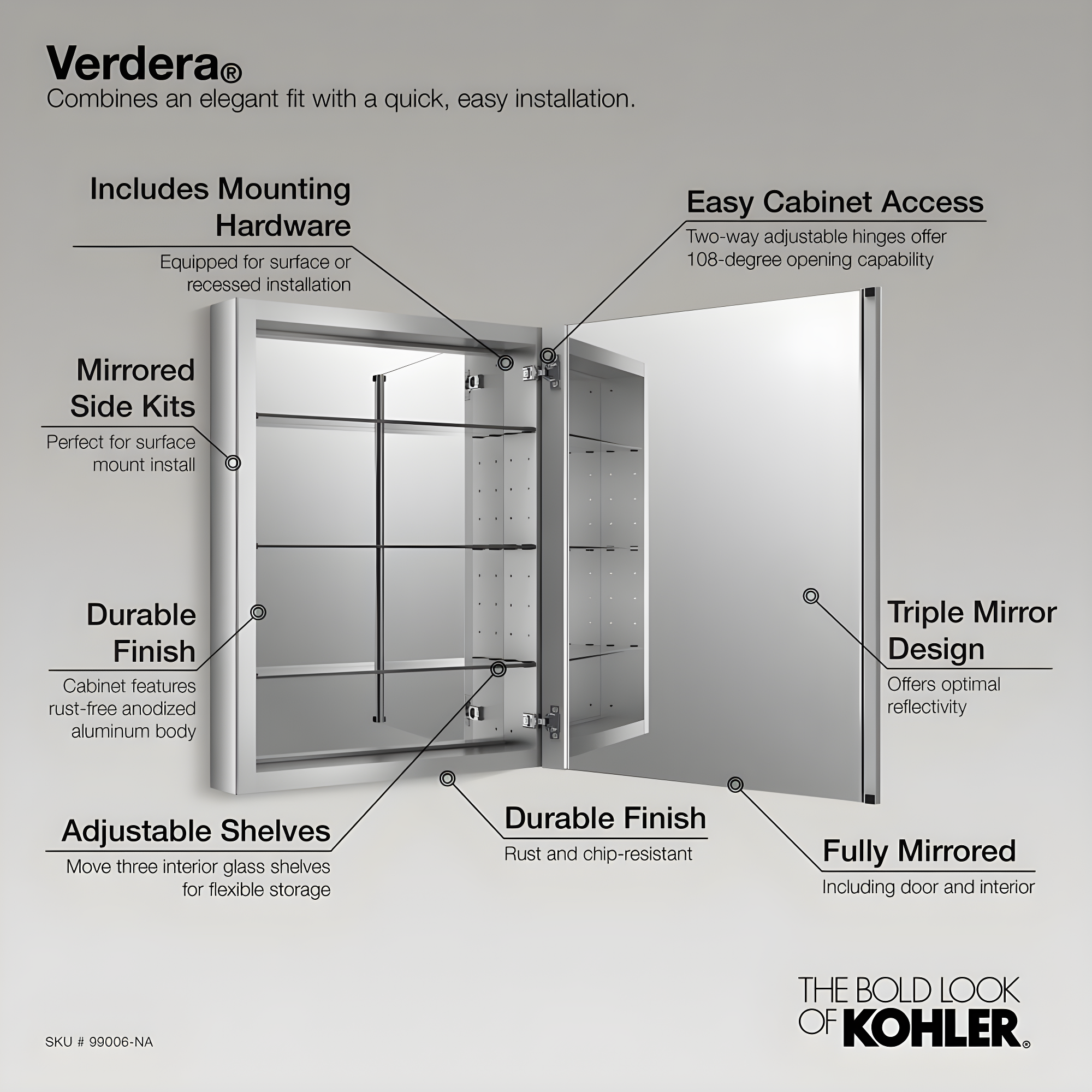 Verdera® Recessed or Surface Mount Frameless Medicine Cabinet with 3 Adjustable Shelves
