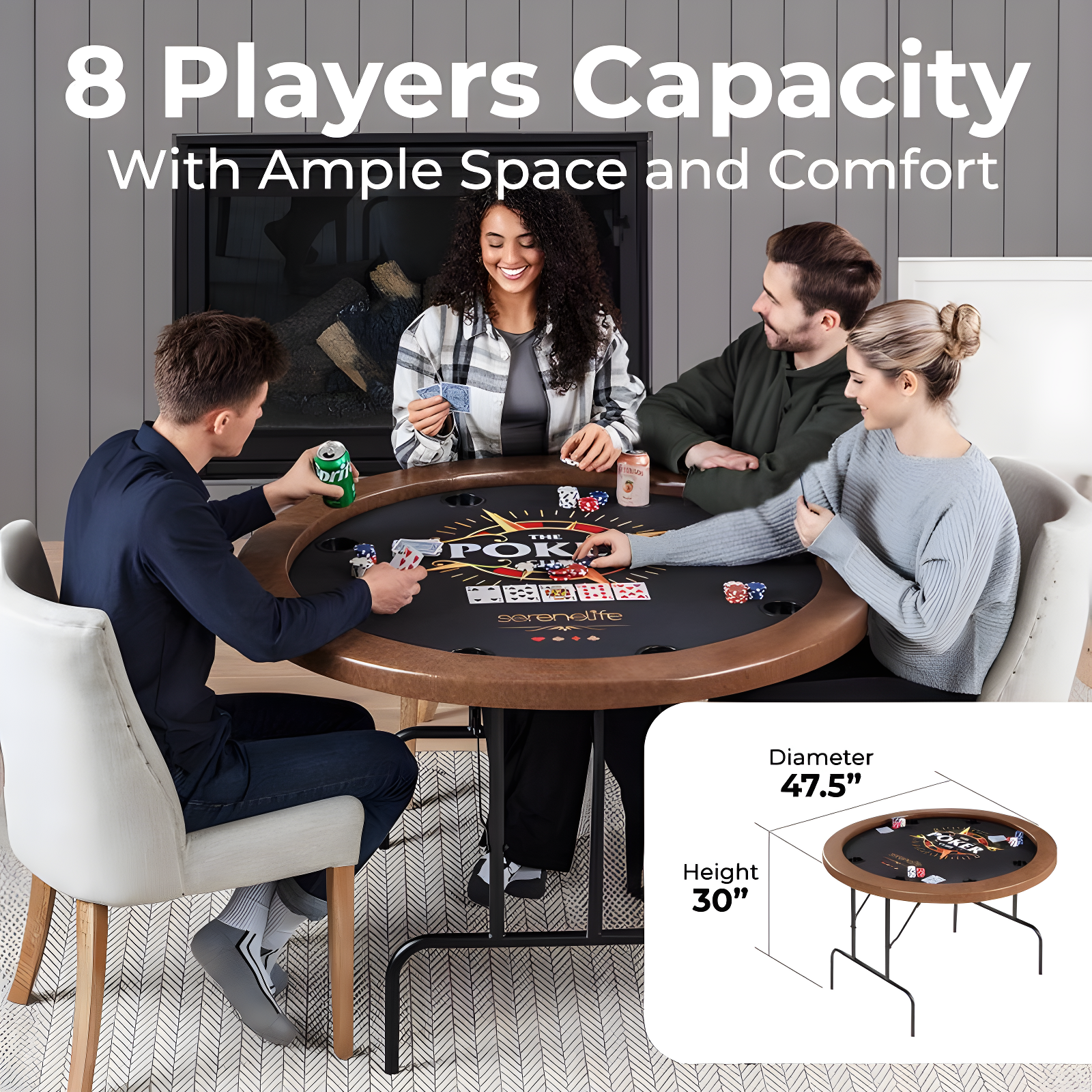 SereneLife 8-Player Foldable Rounded Poker/Casino Game Table with Cushioned Rail