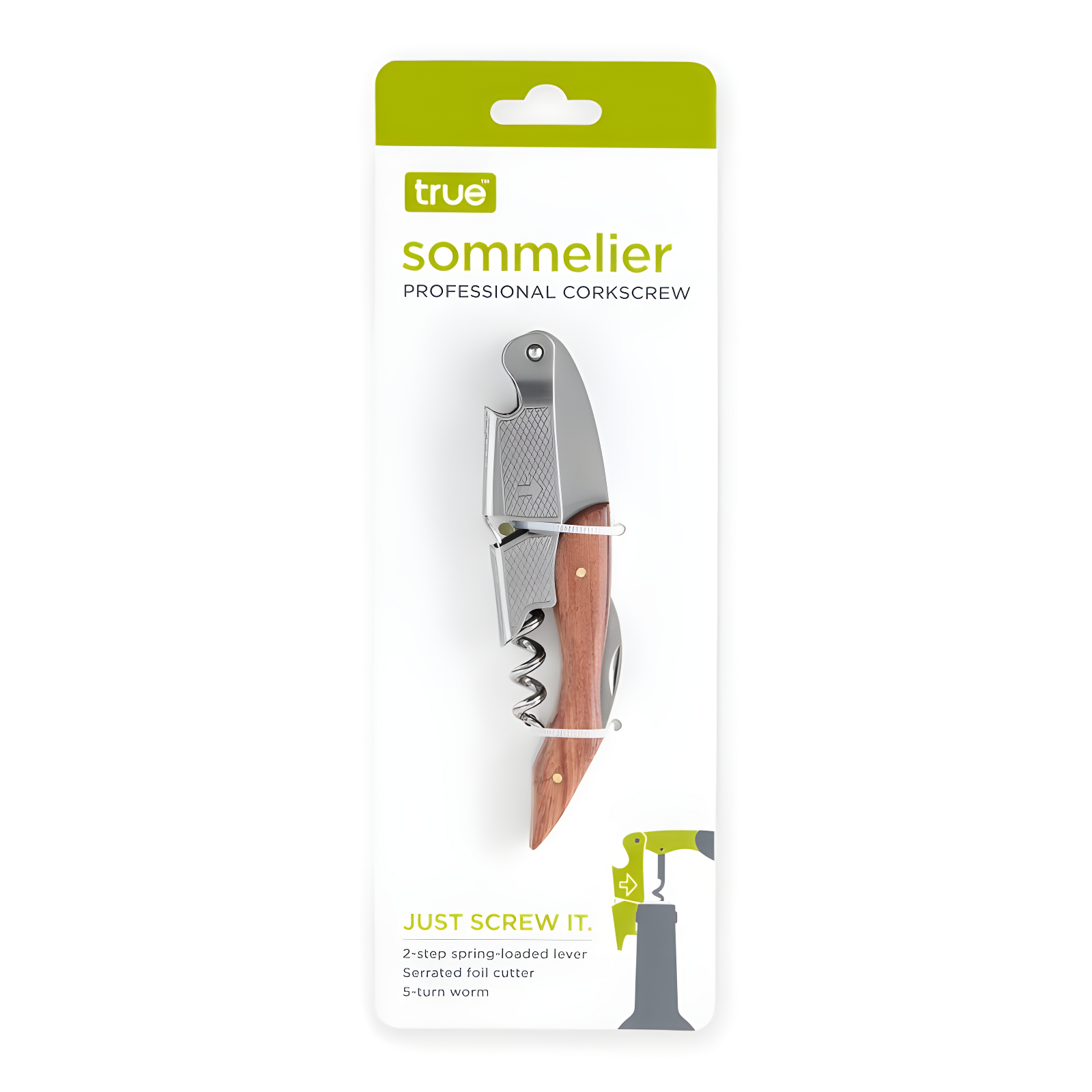 True Sommelier Waiter Corkscrew Spring Loaded Double Lever Wine Opener Waiters Bartender Accessory, Stainless Steel and Wood, Set of 1