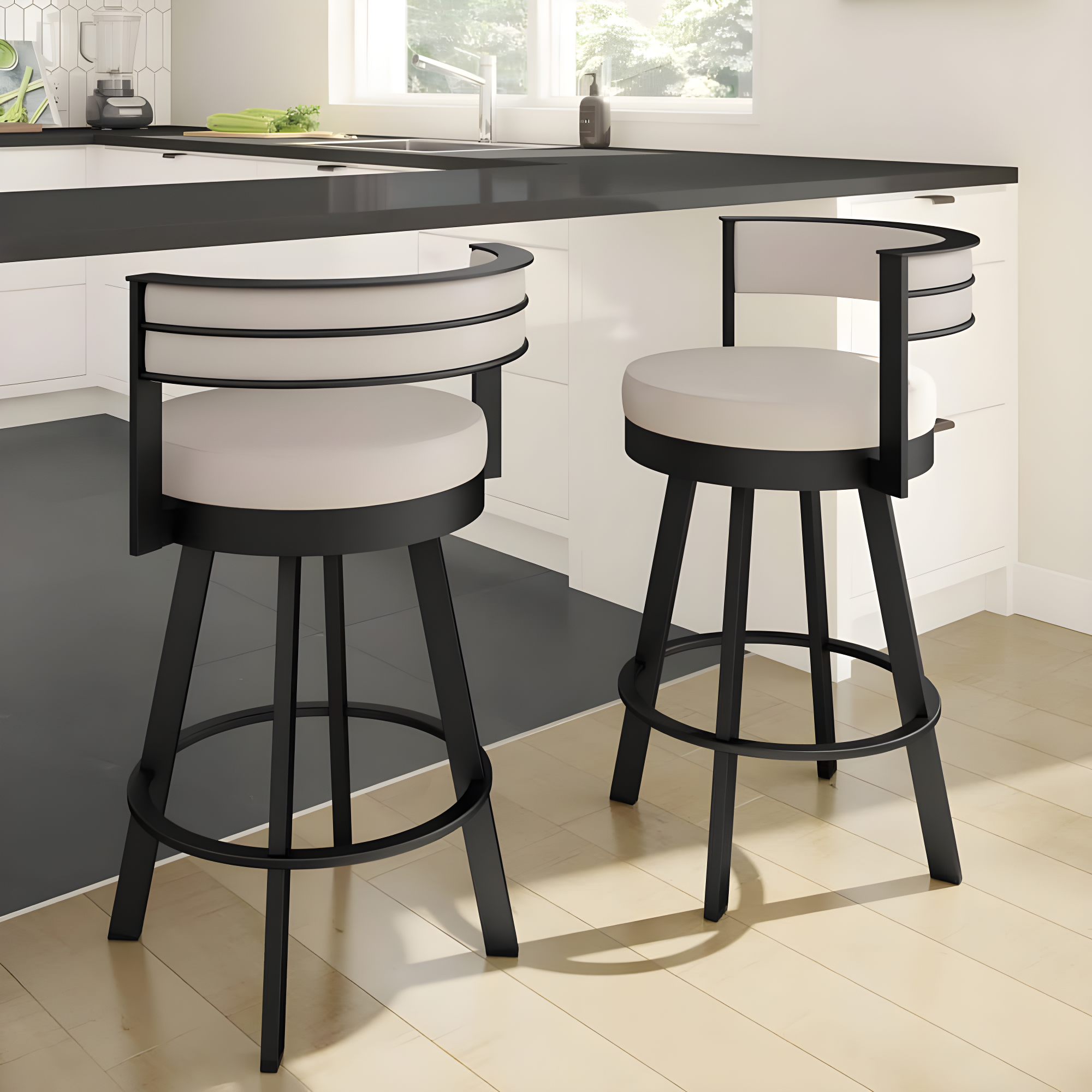 Amisco Browser Upholstered Counter Height Barstool Cream/Black: Steel Frame, Faux Leather, Fixed Height