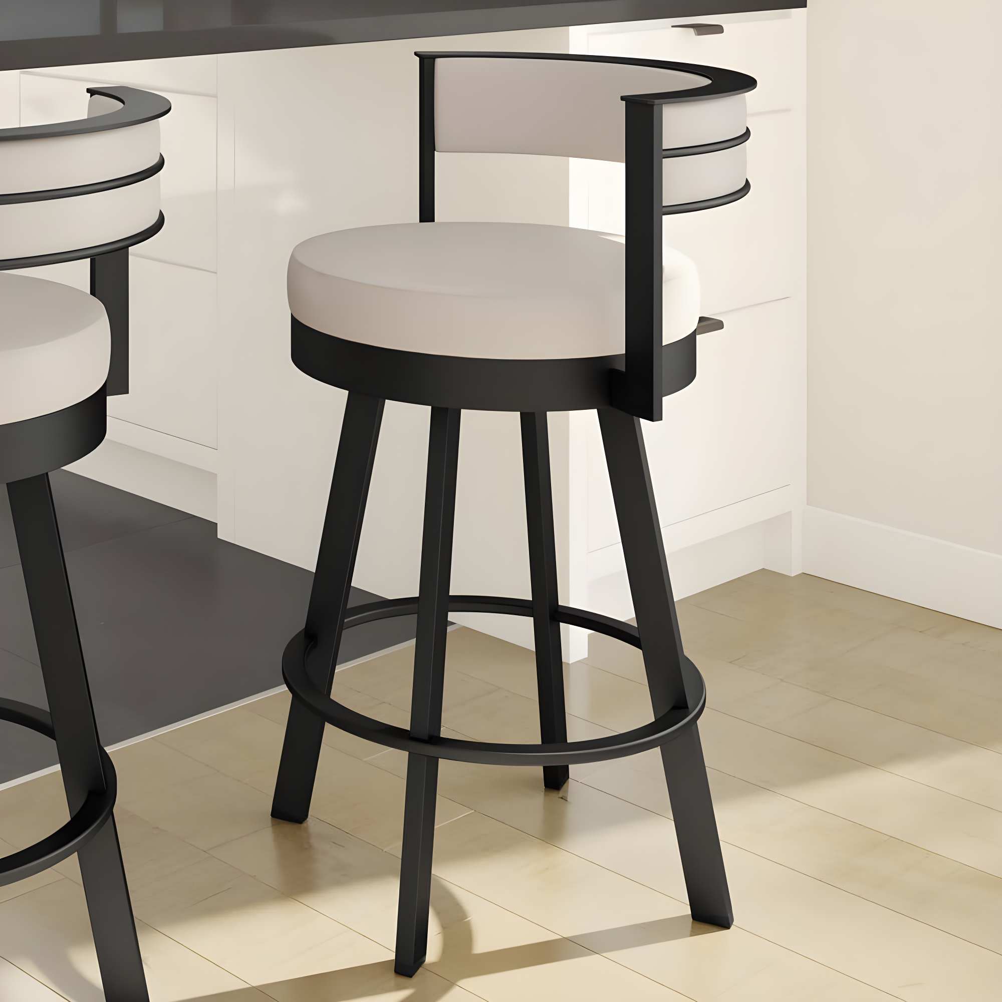 Amisco Browser Upholstered Counter Height Barstool Cream/Black: Steel Frame, Faux Leather, Fixed Height