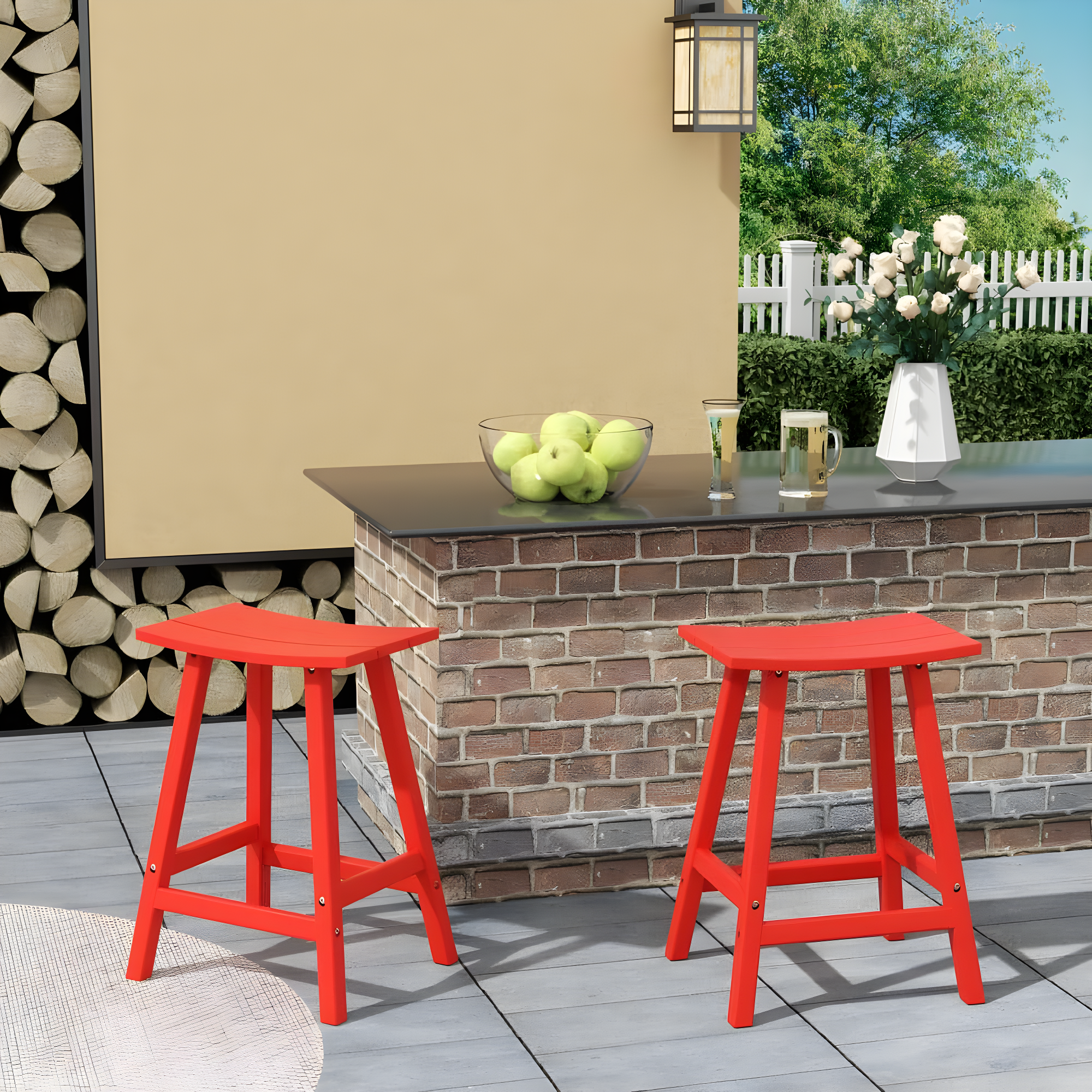 Polytrends Laguna Hdpe All Weather Outdoor Patio 24" Saddle Seat Counter Stool (Set Of 2) Red
