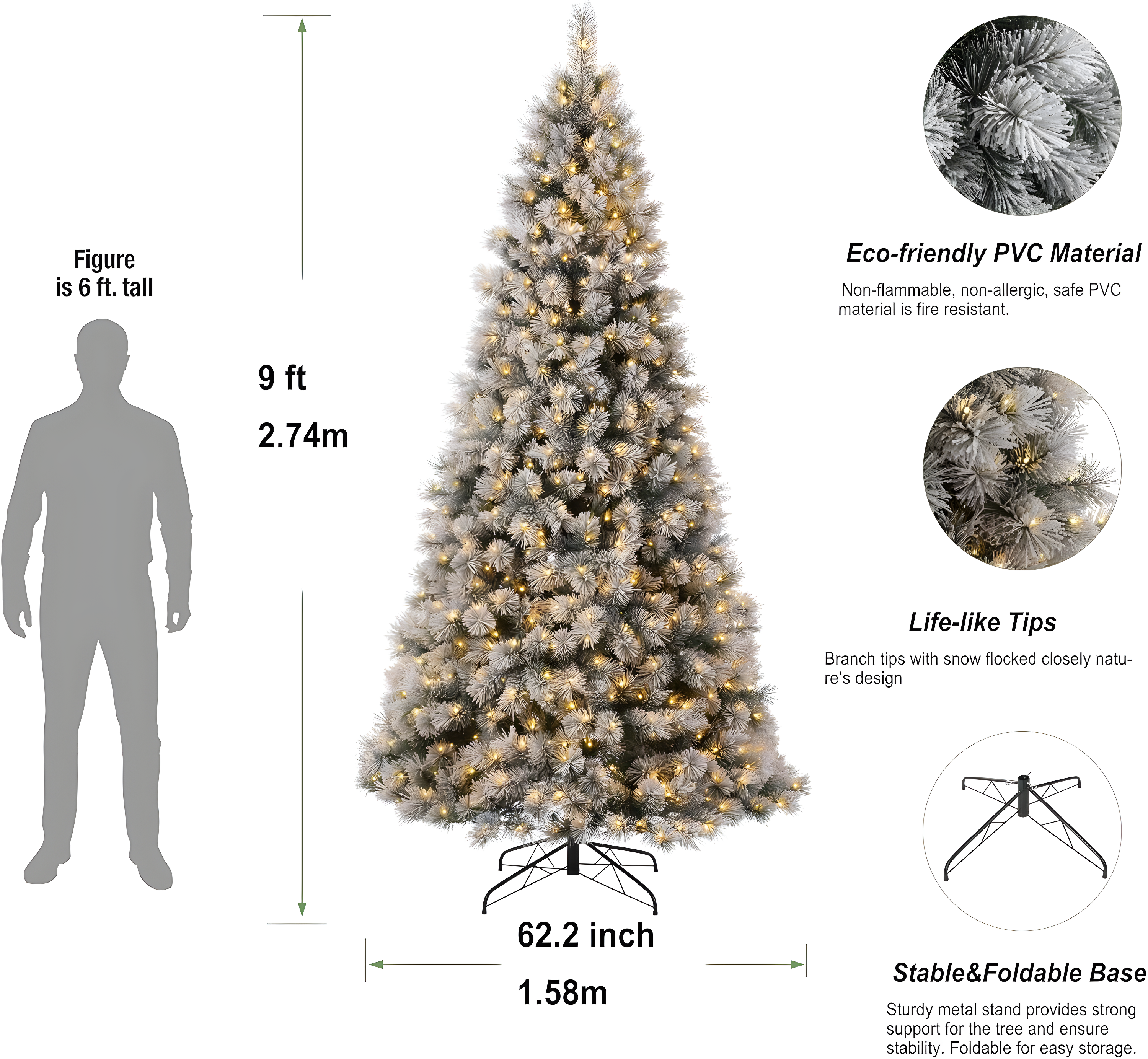 Glitz Design Glitzhome 9ft Pre-Lit Snow Flocked Artificial Pine Christmas Tree With 900 Warm White