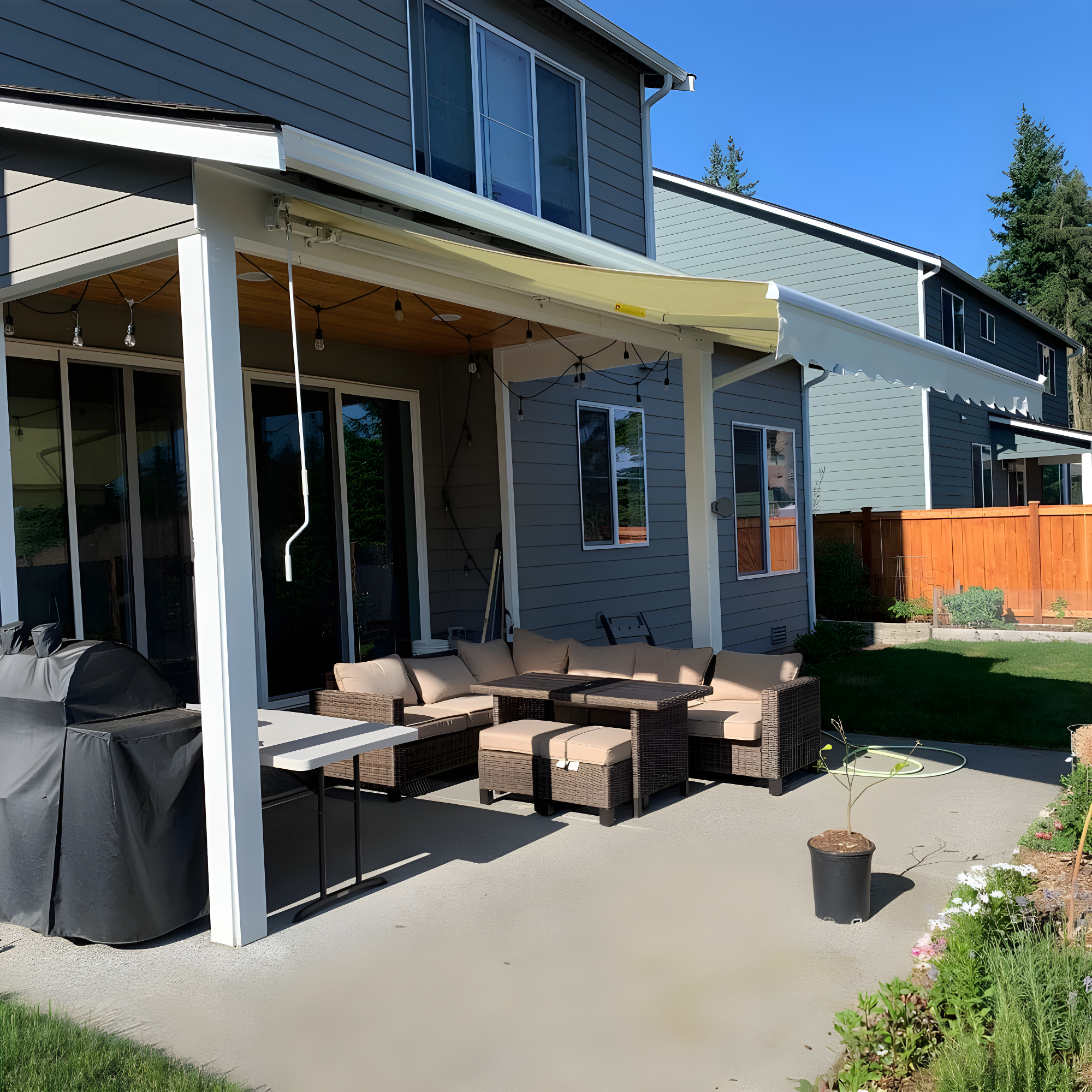 Motorized Retractable White Frame Patio Awning
