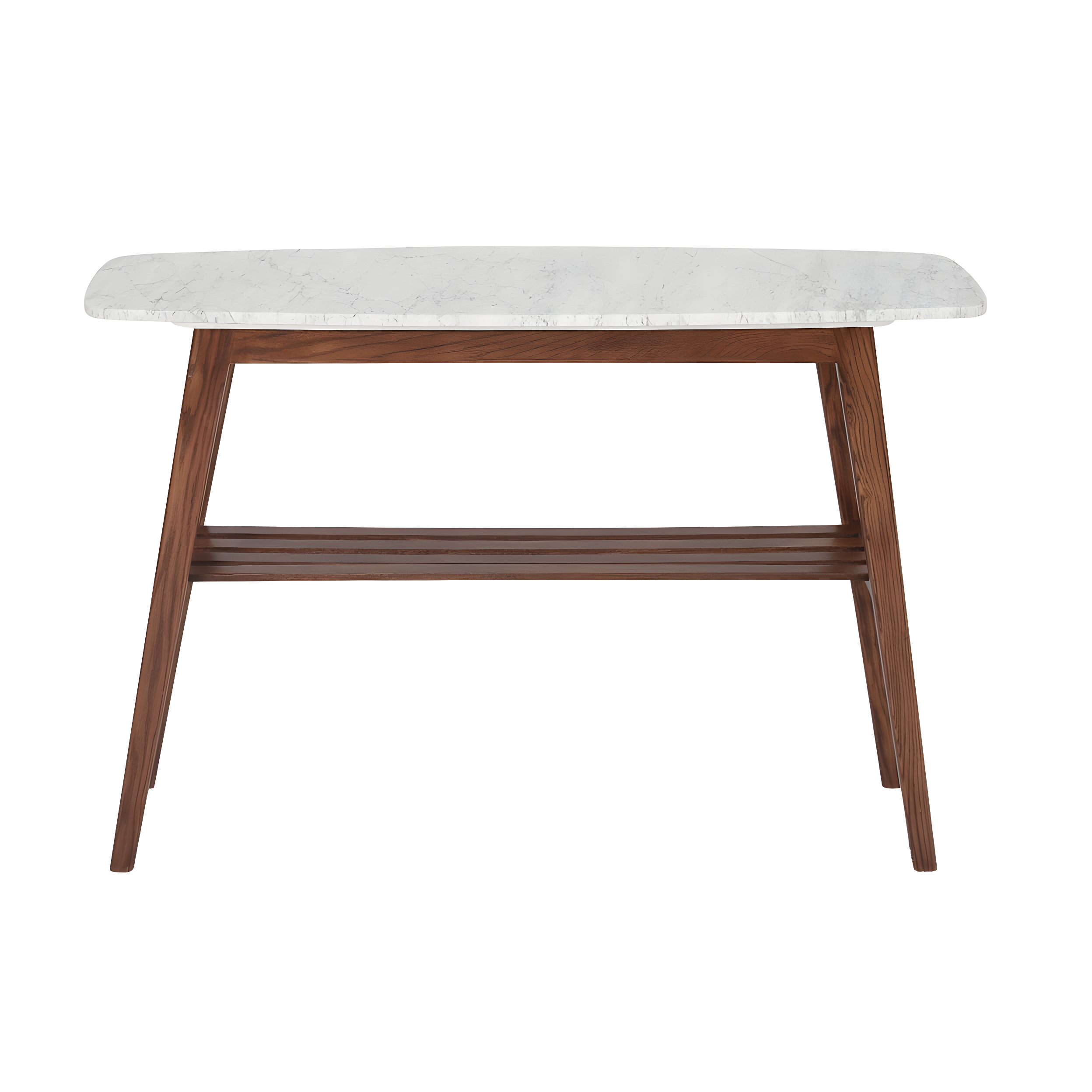 The Bianco Collection Castello 43" Rectangular Italian Carrara White Marble Console Table with Walnut Shelf