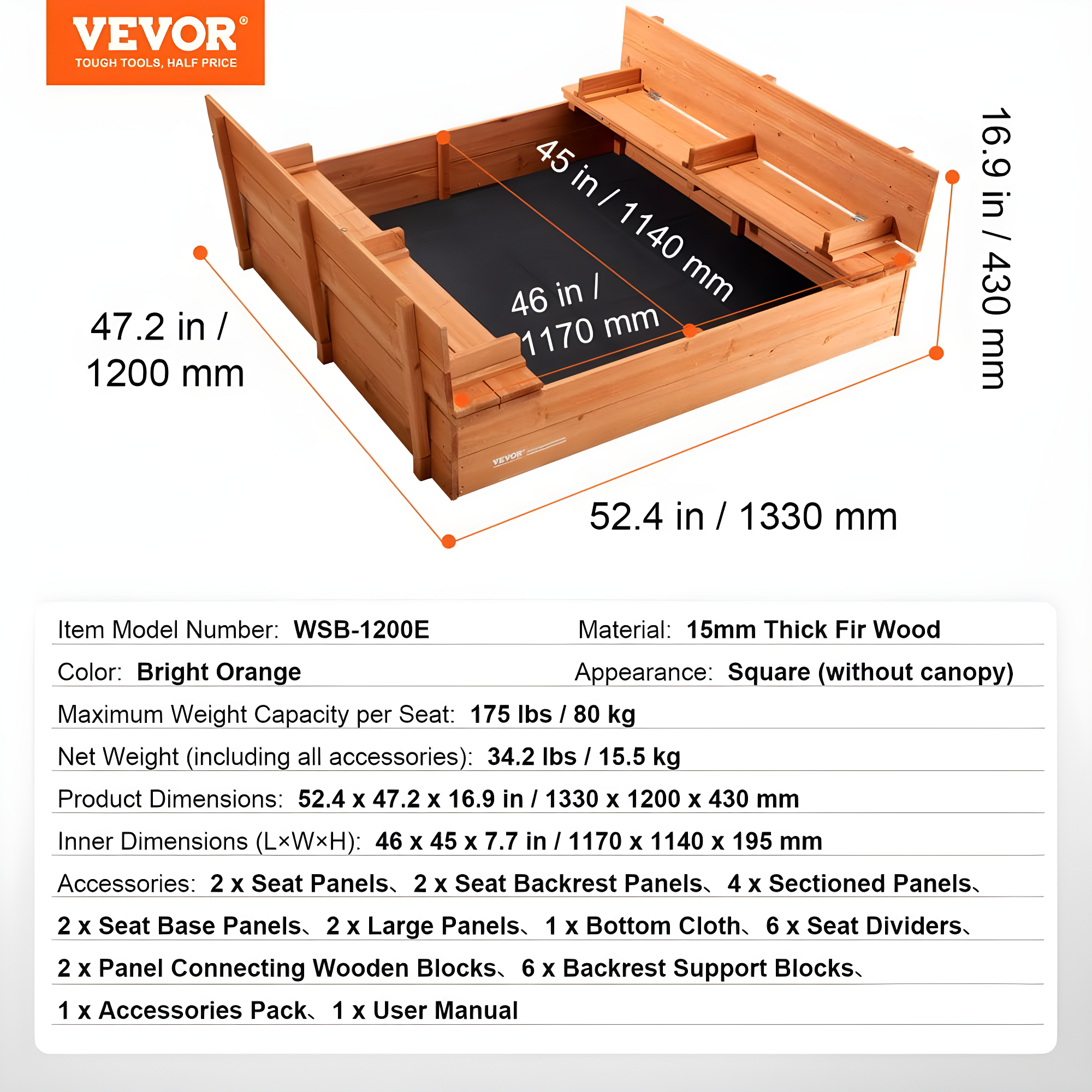 VEVOR 52.4-in x 47.2-in Brown Square Wood Sandbox