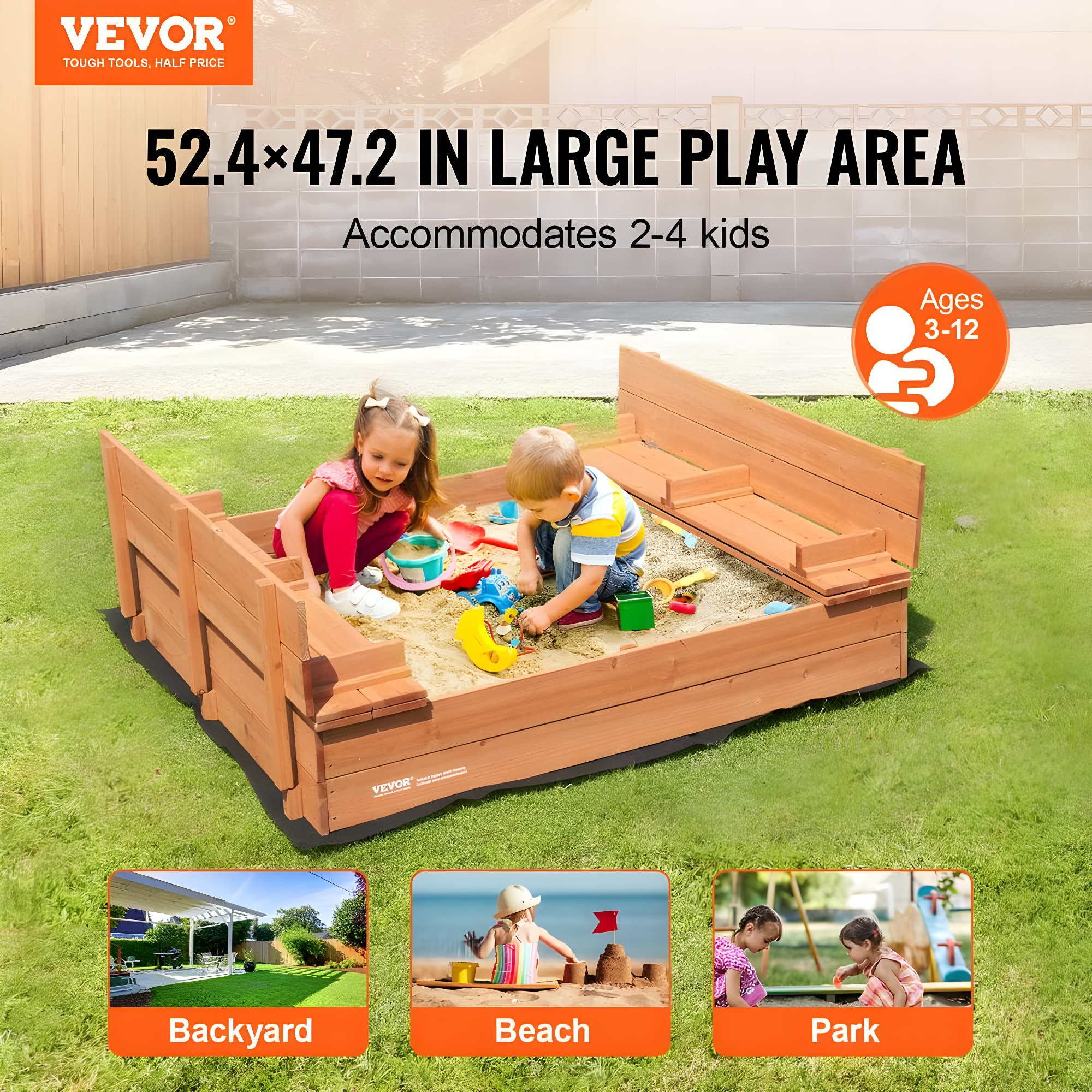 VEVOR 52.4-in x 47.2-in Brown Square Wood Sandbox