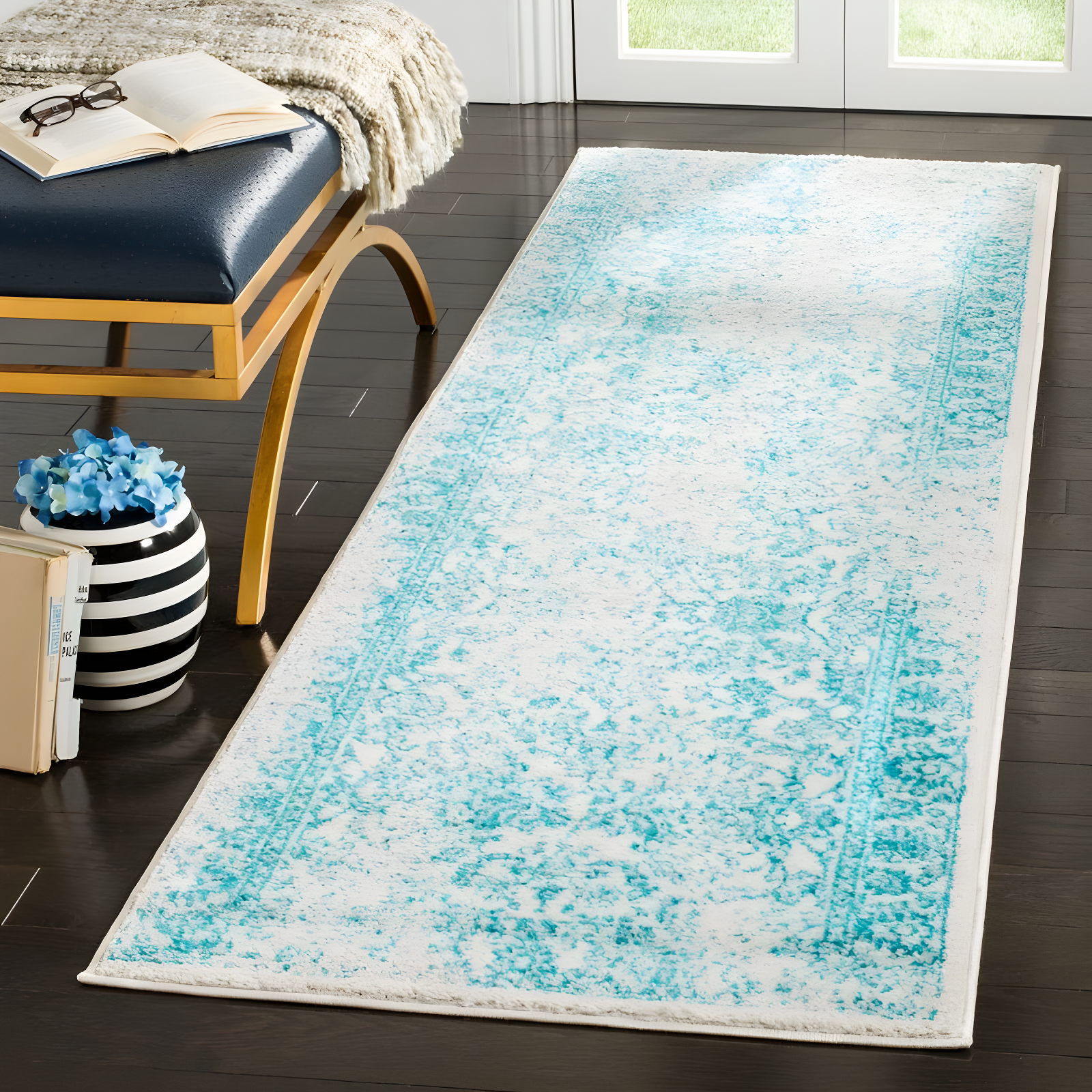 Adirondack ADR109 Machine Made Indoor Runner - Ivory/Teal - 2'-6"x8' - Safavieh