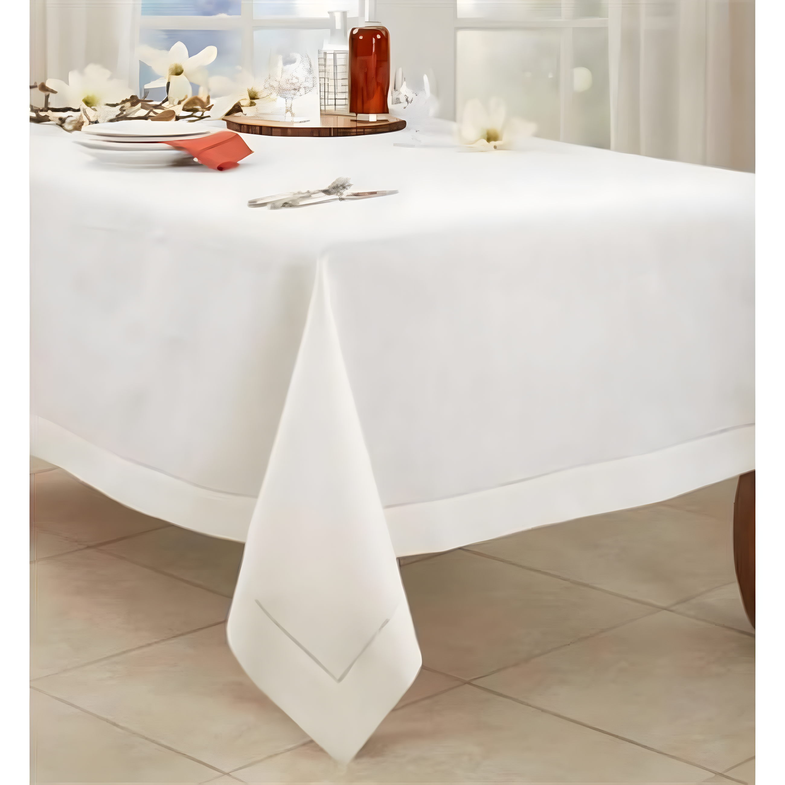 Saro Lifestyle Classic Hemstitch Border Tablecloth, Ivory, 70" x 104"