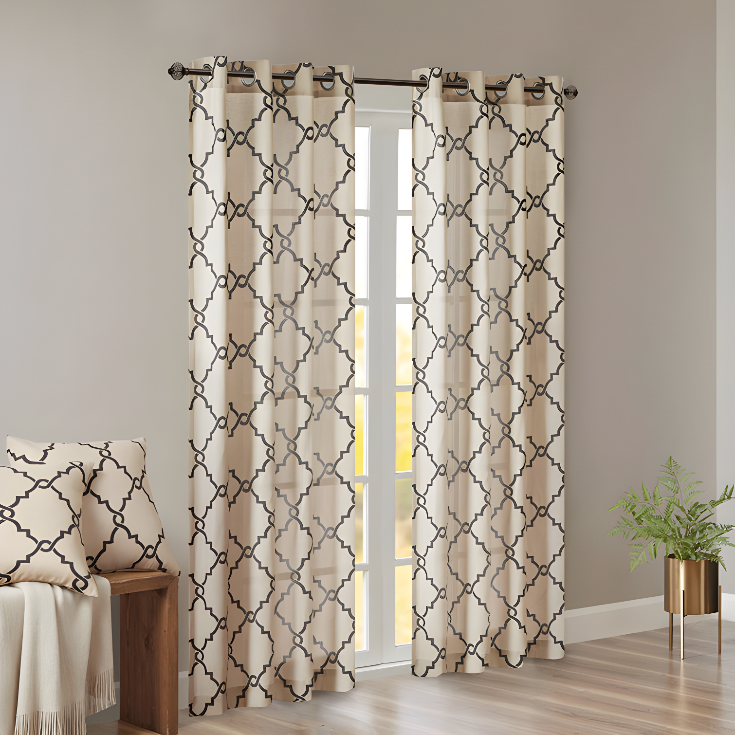 Fretwork Print Grommet Top Window Curtain Panel