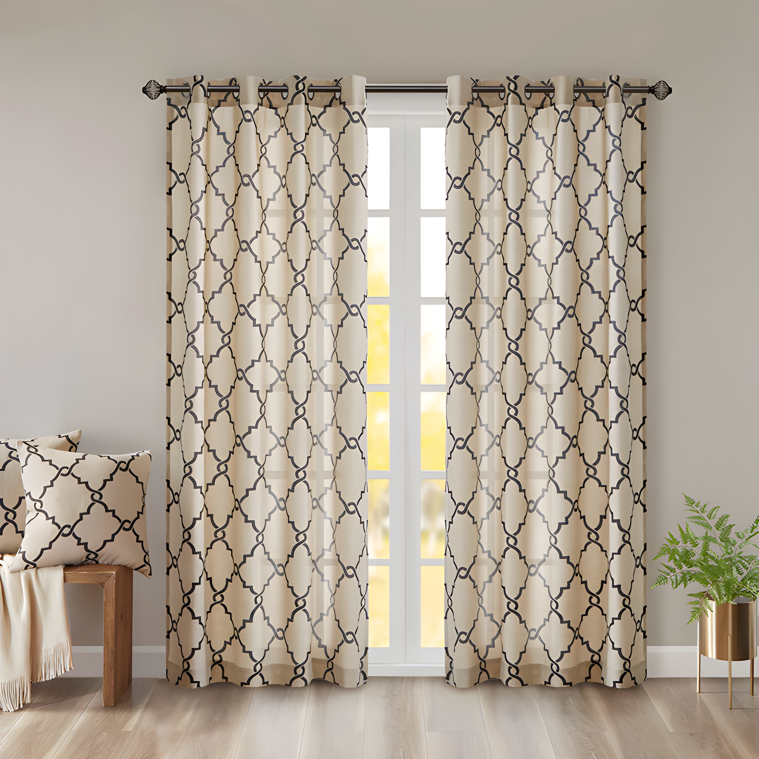 Fretwork Print Grommet Top Window Curtain Panel