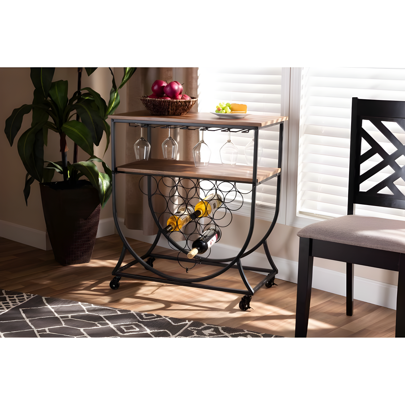 Dania Antique Vintage Industrial Metal and Wood Mobile Wine Bar Cart Black/Walnut - Baxton Studio