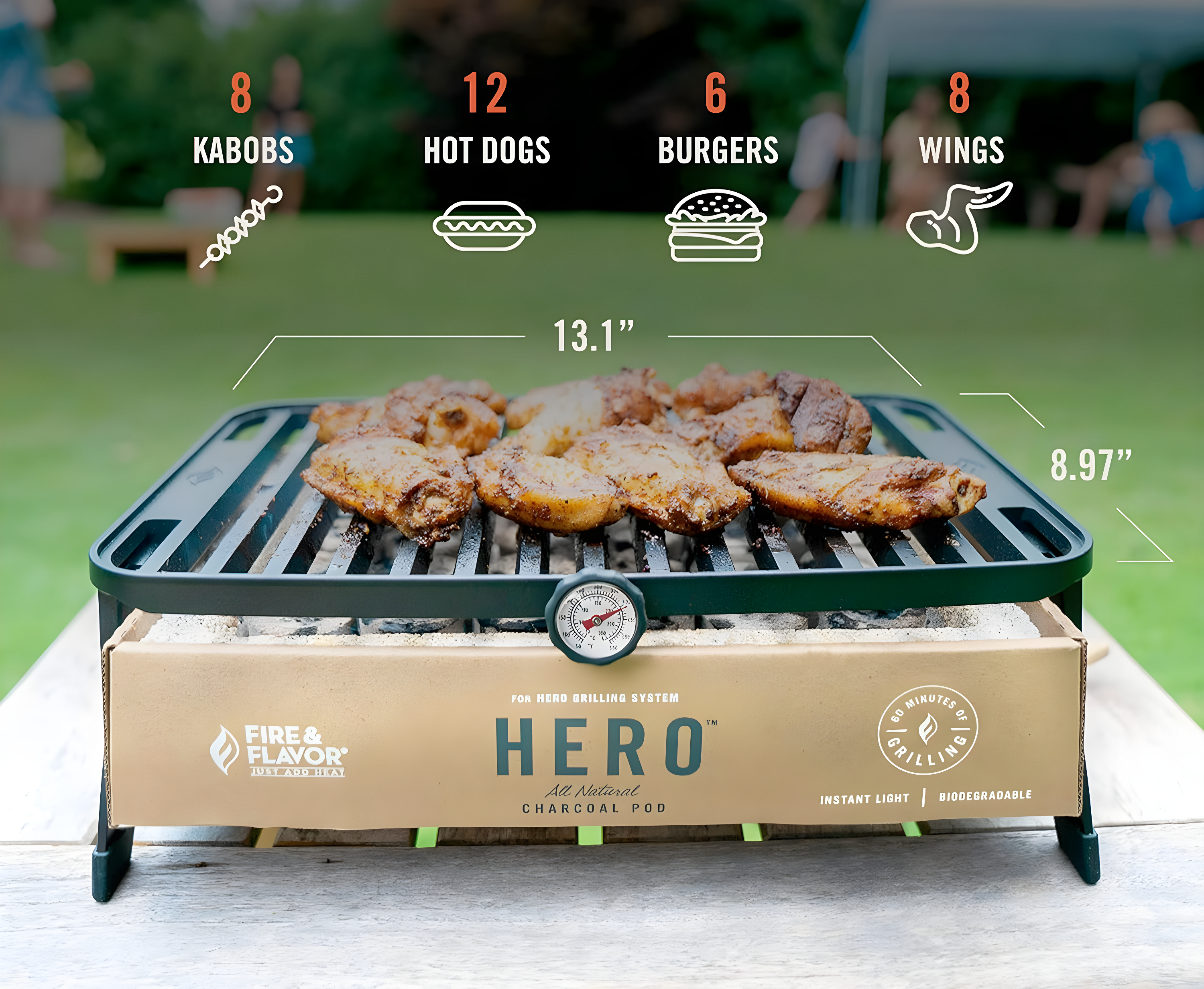 Fire & Flavor HERO Grill Kit Ultra-Portable Easy Instant Light Charcoal Grilling for Tailgating