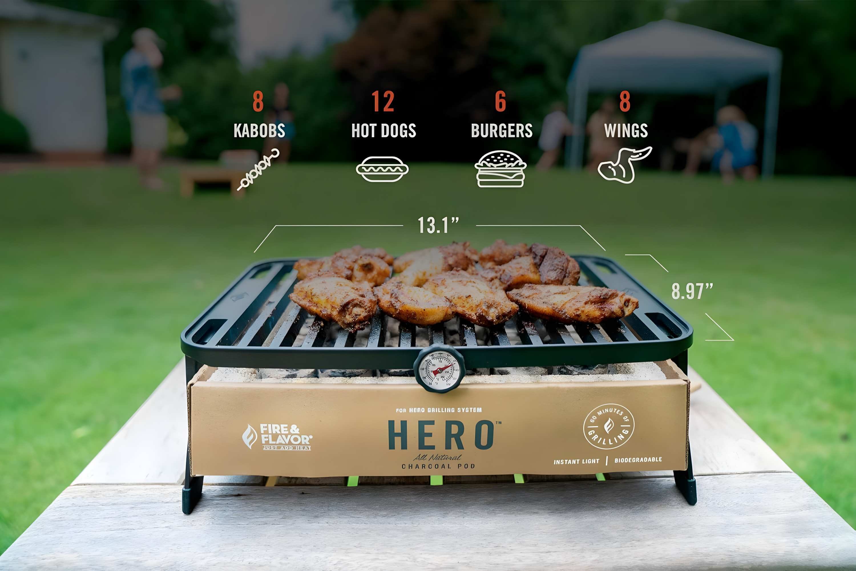 Fire & Flavor HERO Grill Kit Ultra-Portable Easy Instant Light Charcoal Grilling for Tailgating
