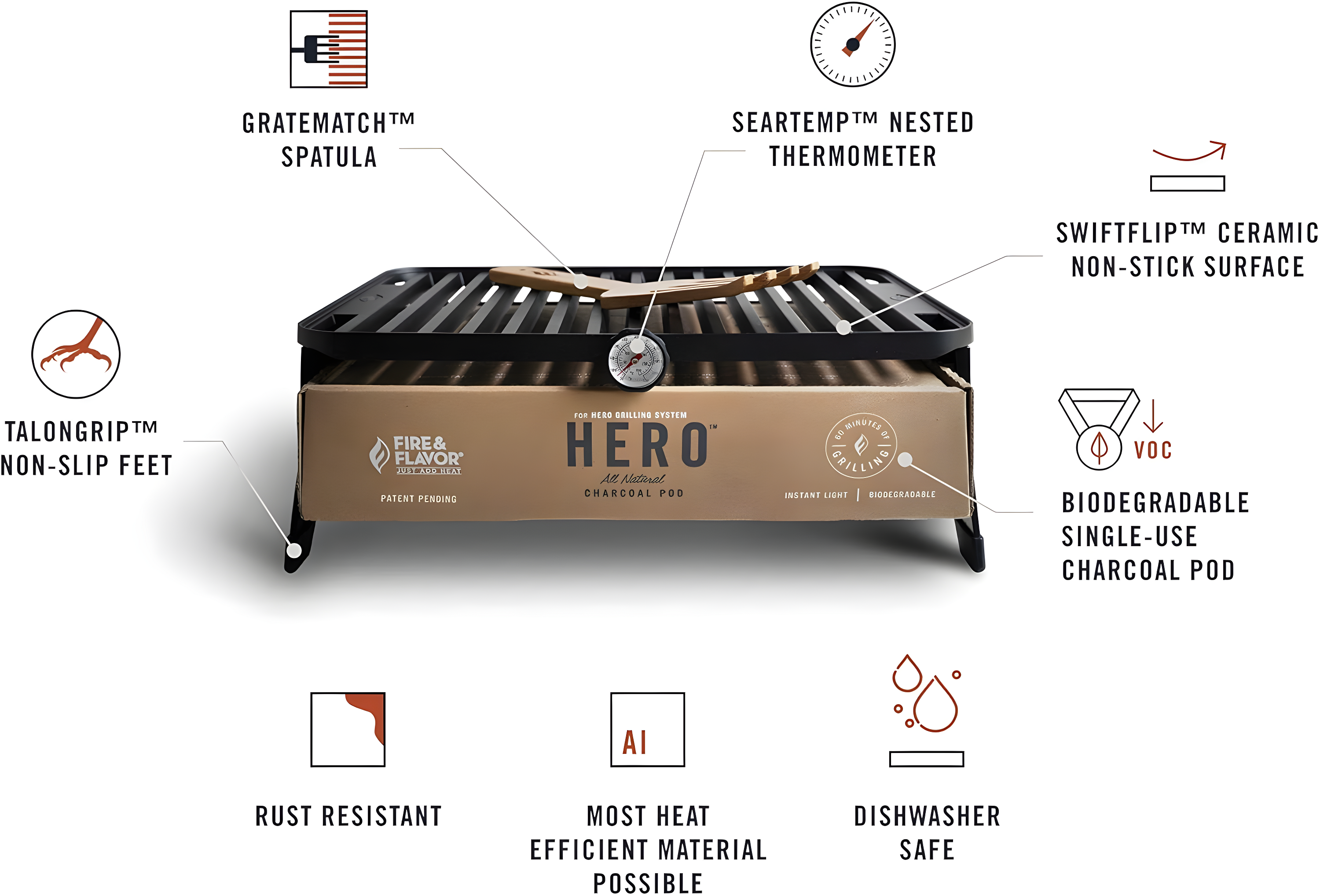 Fire & Flavor HERO Grill Kit Ultra-Portable Easy Instant Light Charcoal Grilling for Tailgating