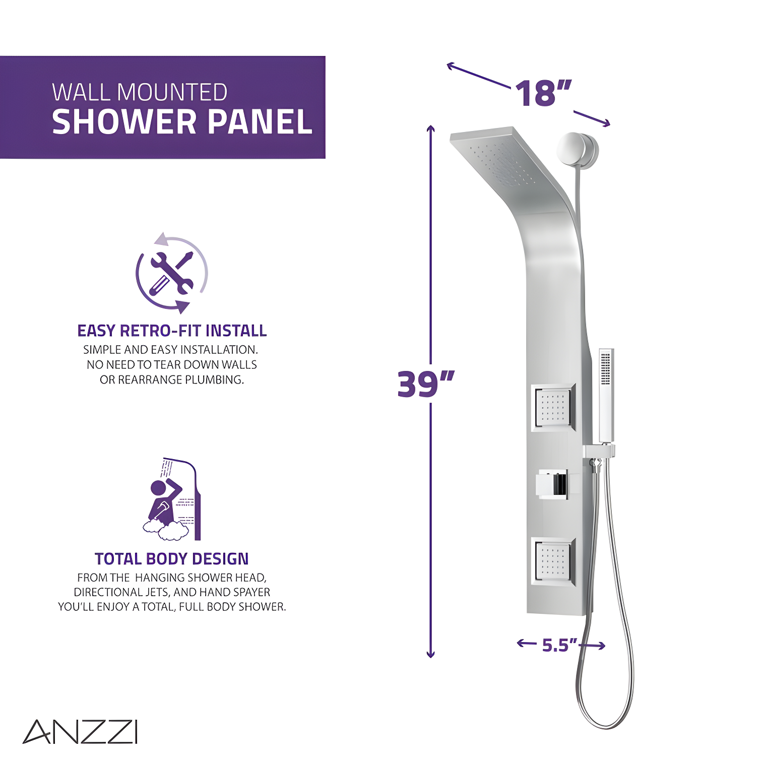 ANZZI Aura 39.37'' Shower Panel with Fixed Shower Head SP-AZ078BS
