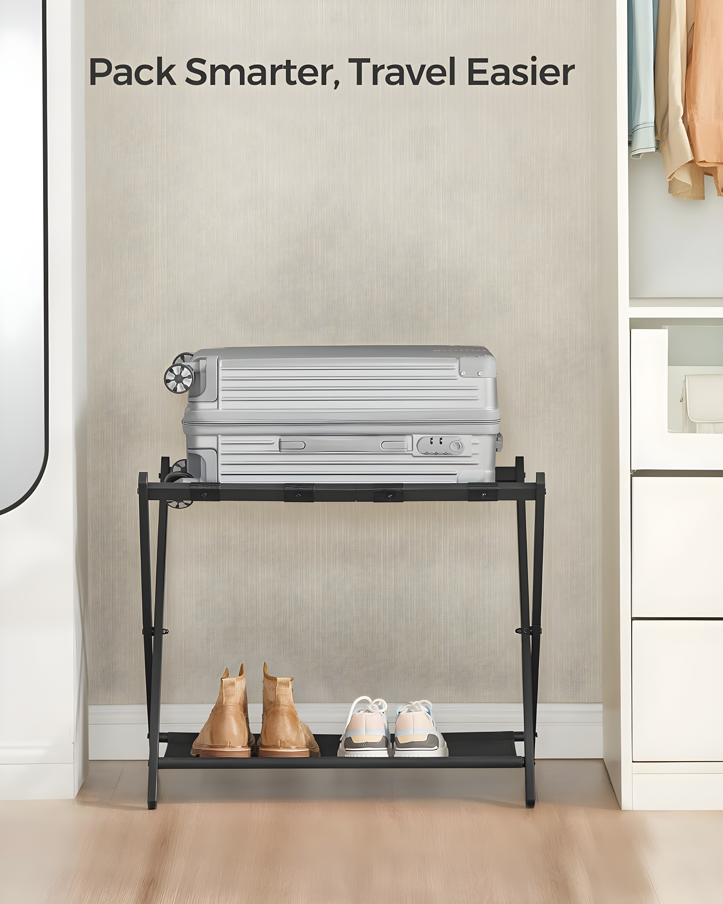 BINO Luggage Rack For Guest Room, Suitcase Stand With Storage Shelf, Steel Frame, Foldable For Easy Storage, Hotel, Bedroom, Black
