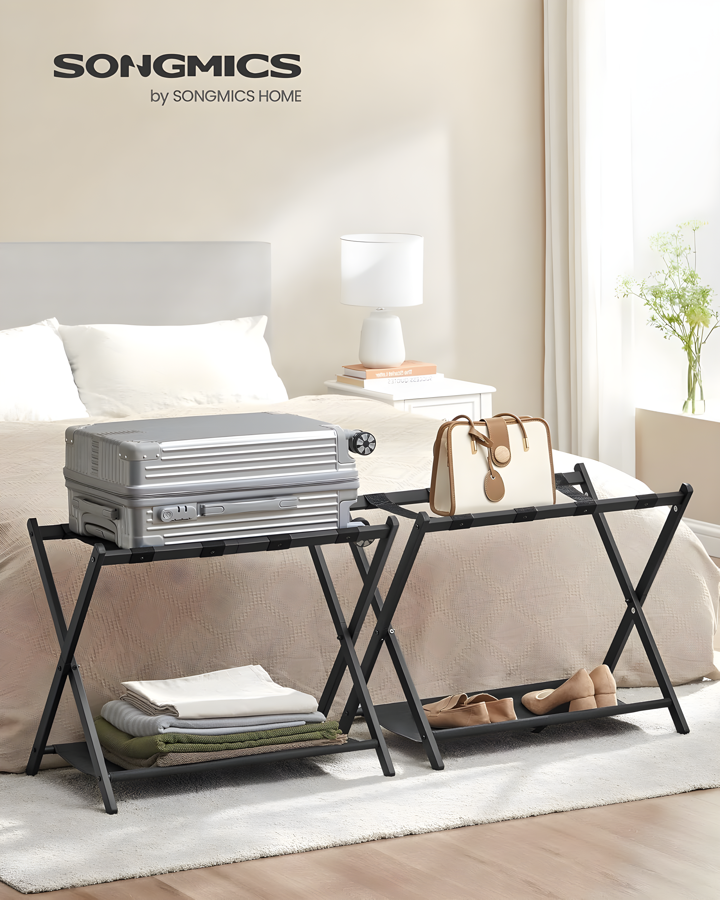 BINO Luggage Rack For Guest Room, Suitcase Stand With Storage Shelf, Steel Frame, Foldable For Easy Storage, Hotel, Bedroom, Black