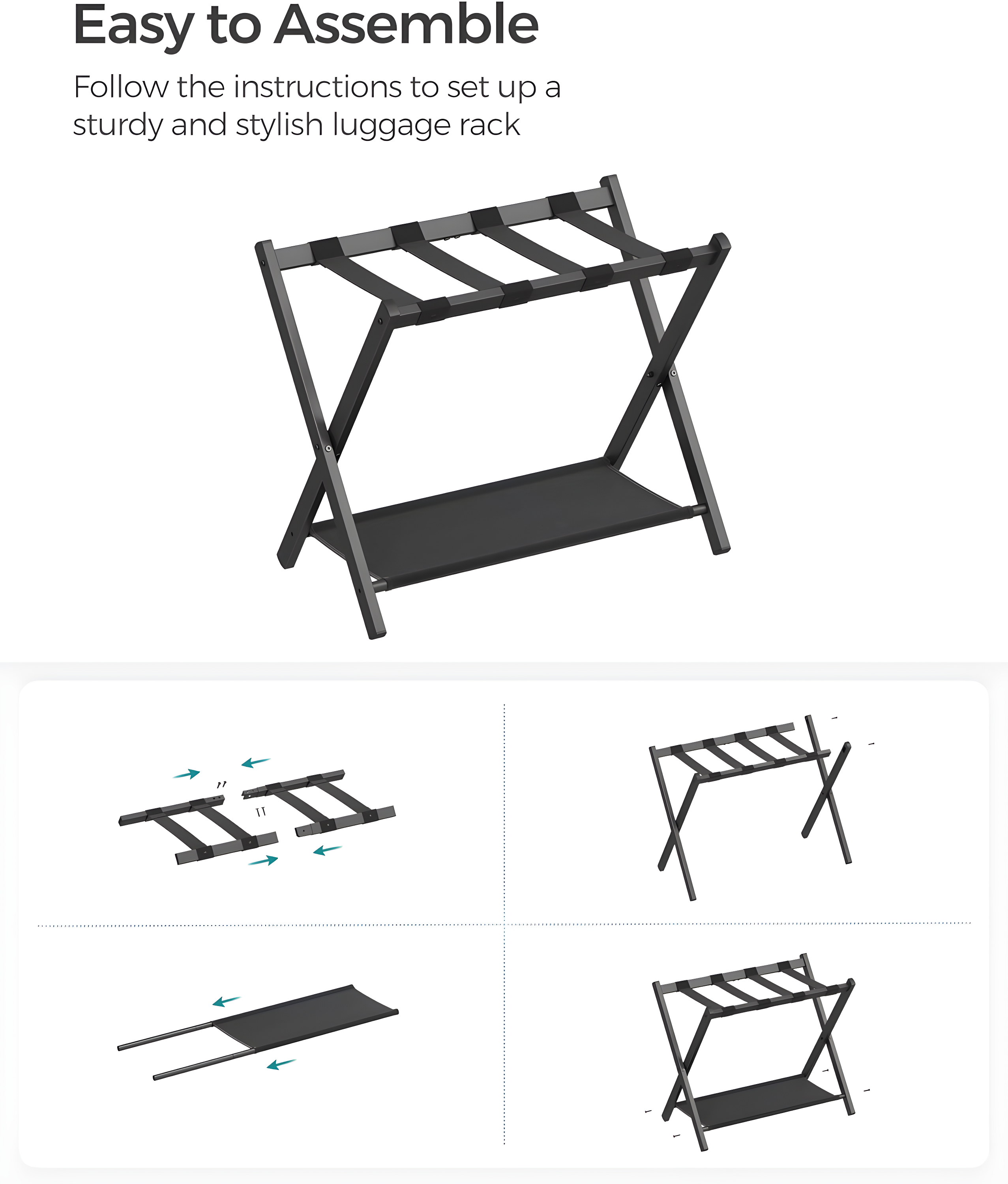 BINO Luggage Rack For Guest Room, Suitcase Stand With Storage Shelf, Steel Frame, Foldable For Easy Storage, Hotel, Bedroom, Black