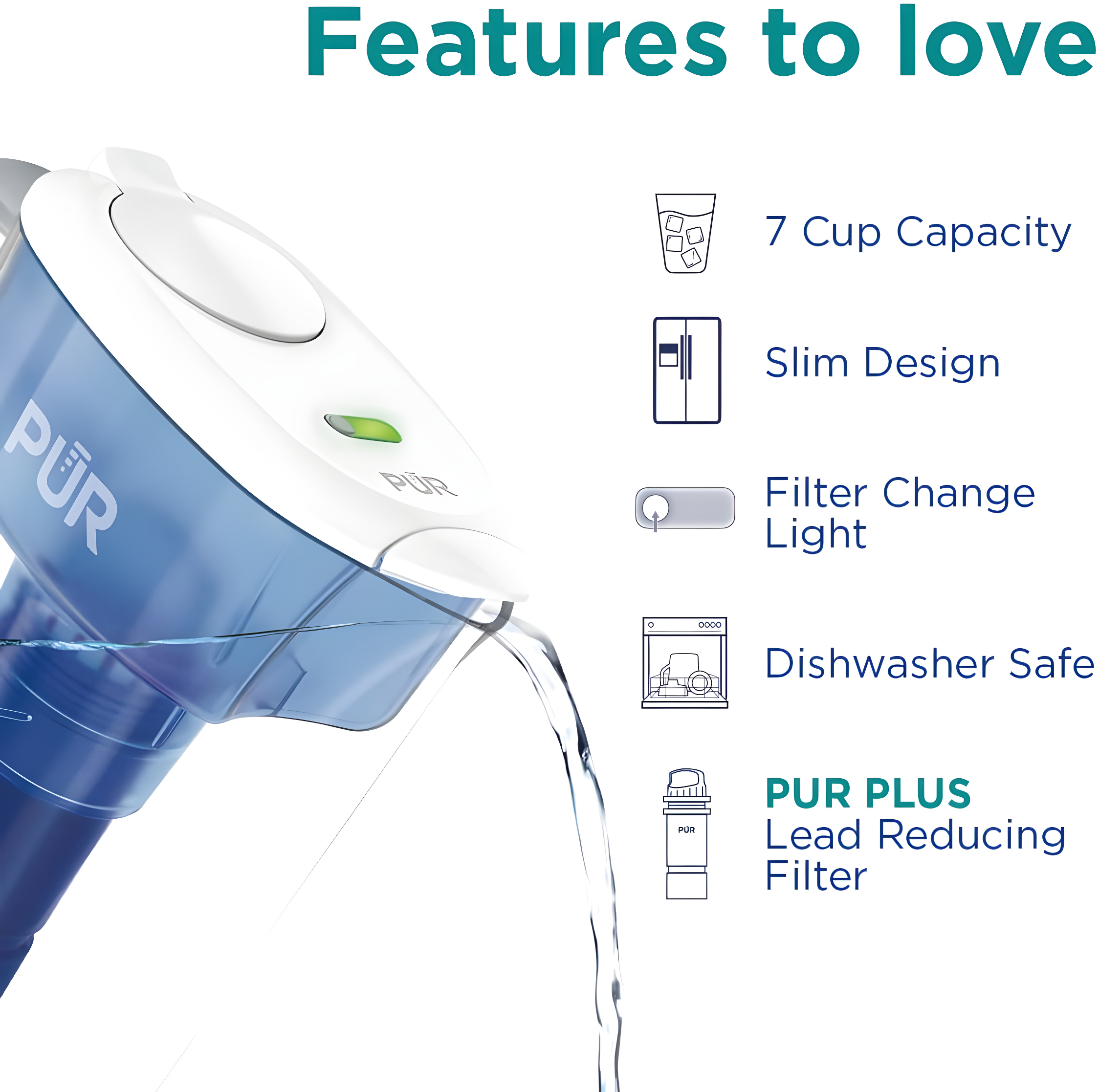 PUR PLUS 7 Cup Water Pitcher with Lead Reducing Filter, White, W 9.6" x H 10.1" x L 4.5", PPT711W