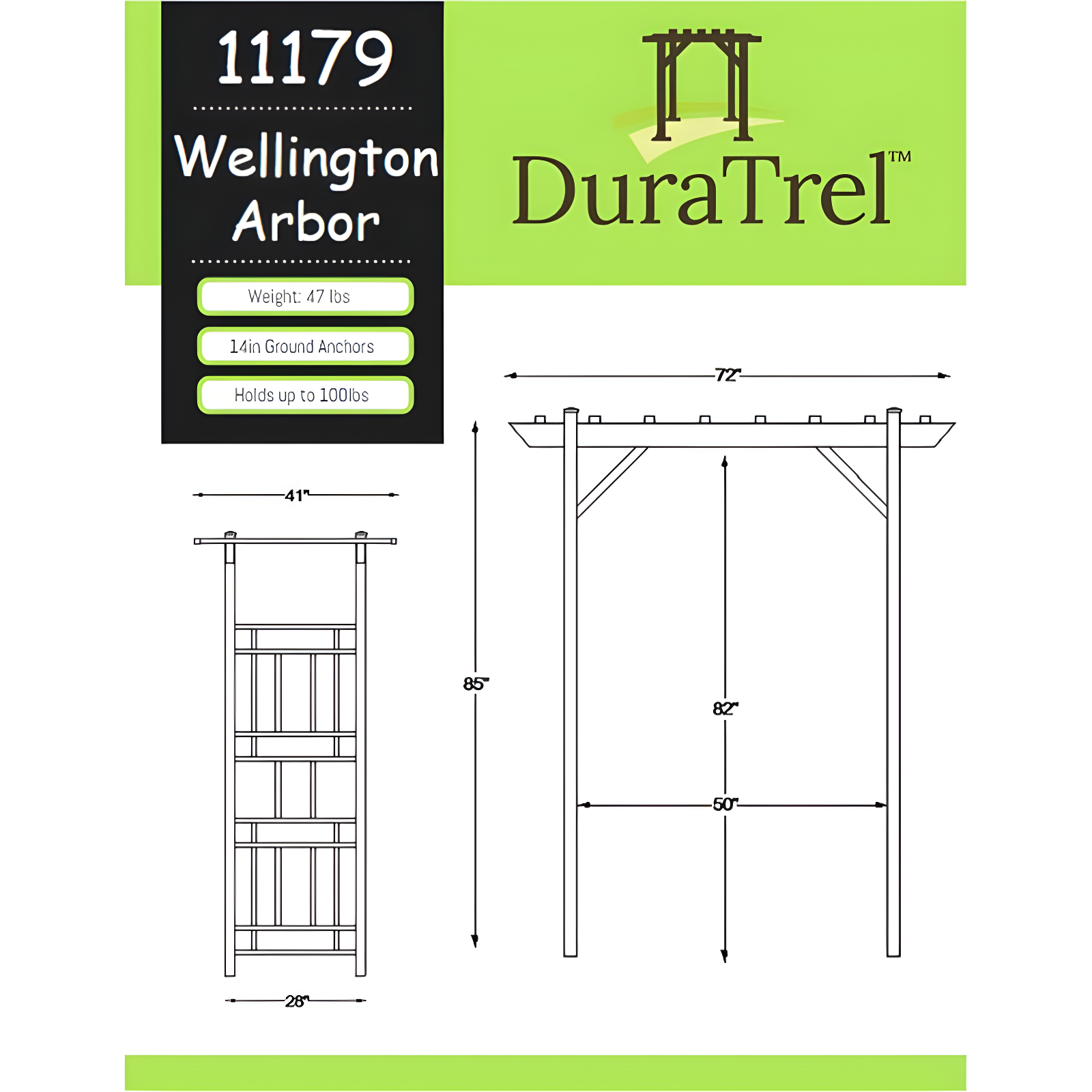 Dura-Trel Inc Dura-Trel Wellington Arbor 72" x 85" Outdoor Garden Arch Lattice Trellis, White