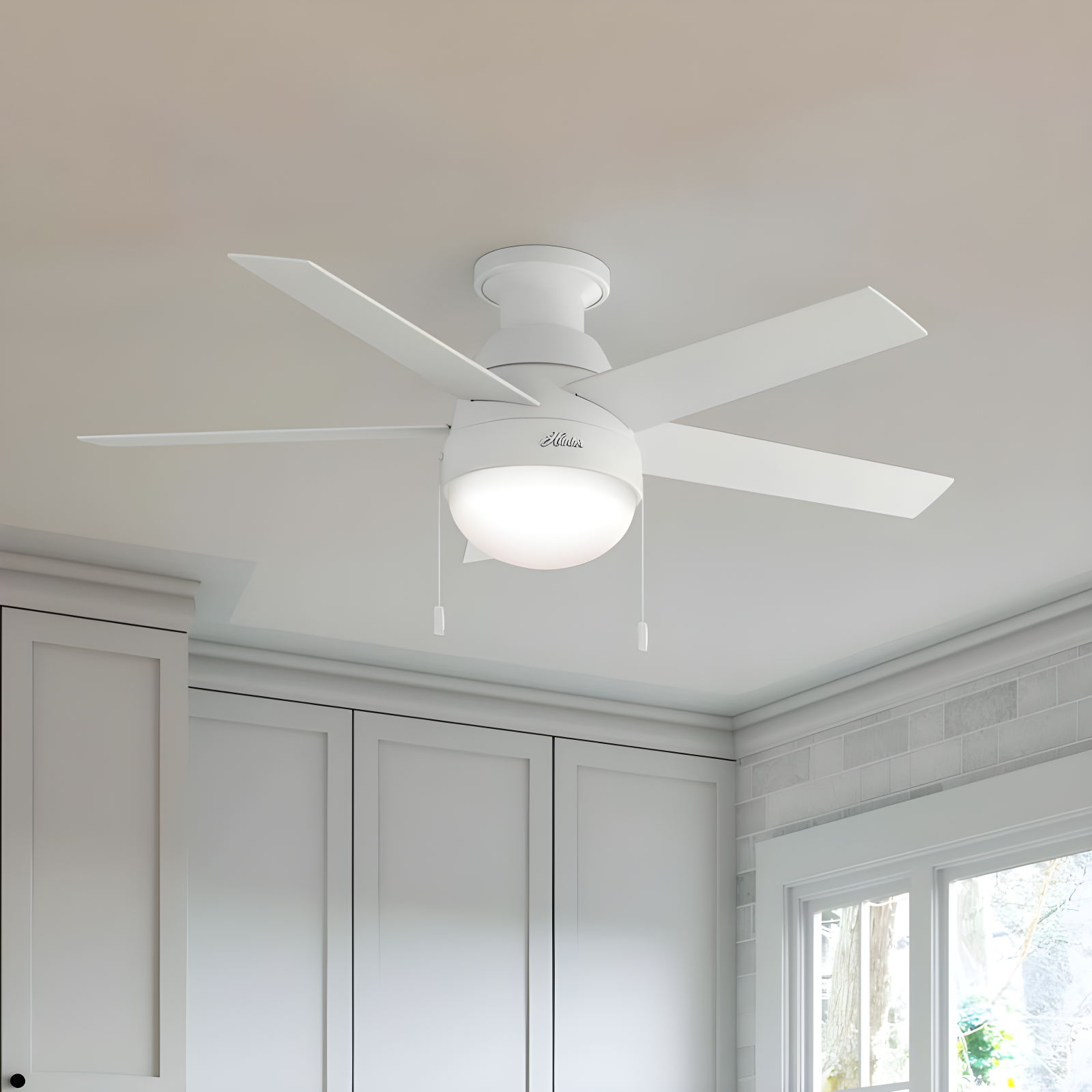 46" Anslee 5 - Blade LED Flush Mount Ceiling Fan with Pull Chain and Light Kit Included