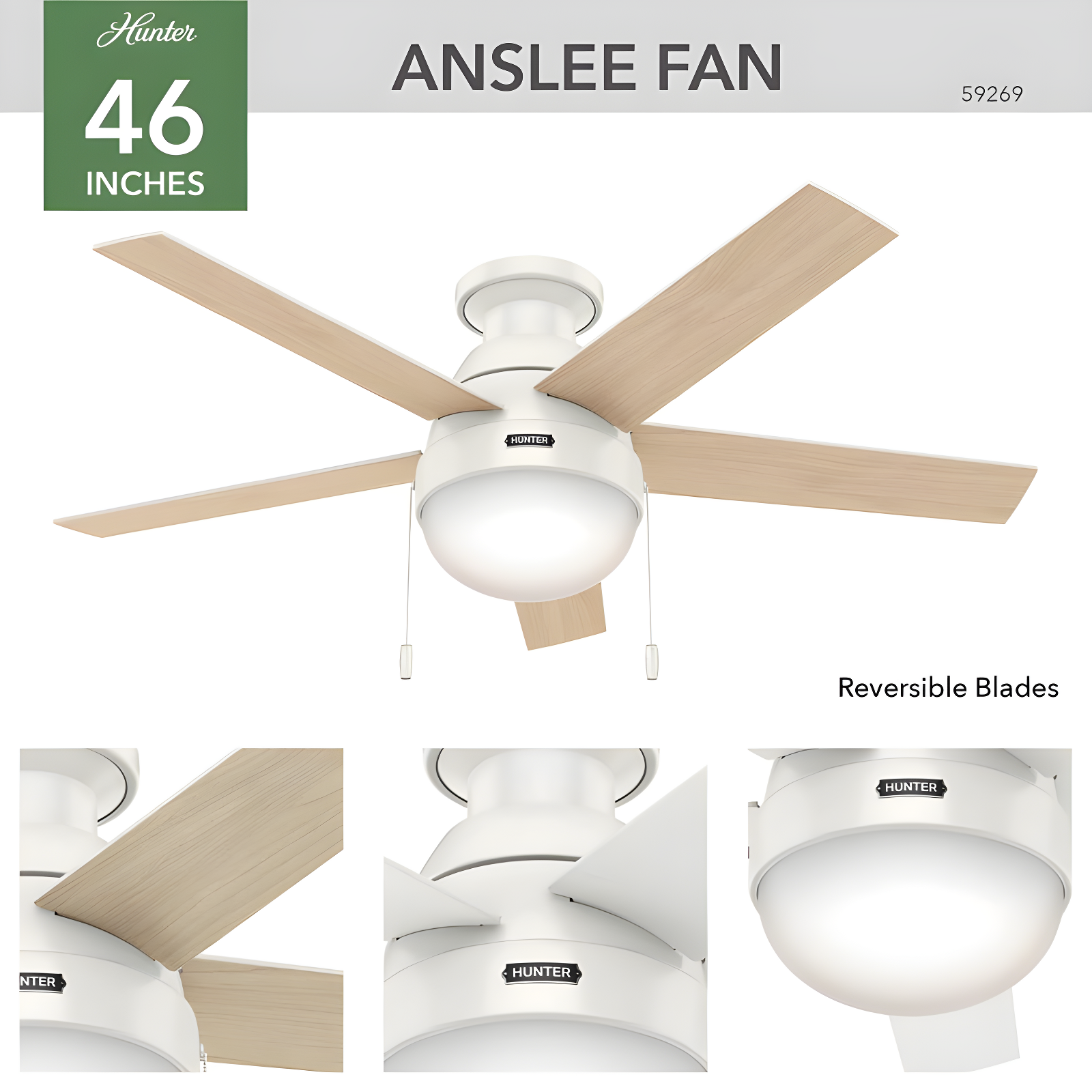 46" Anslee 5 - Blade LED Flush Mount Ceiling Fan with Pull Chain and Light Kit Included